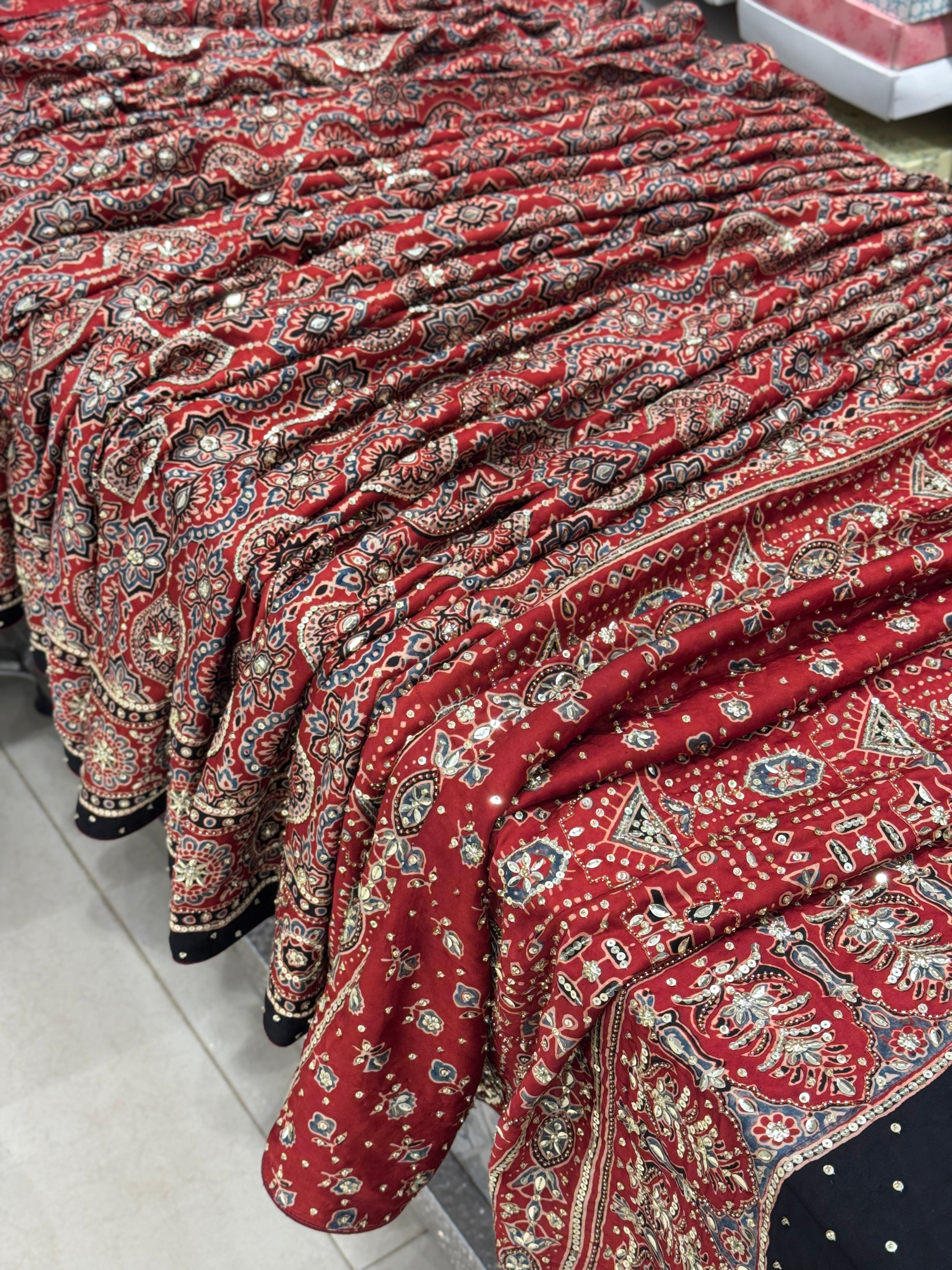 Red Ajrakh Badam Buttas Sequin Moti Hand Embroidery Saree
