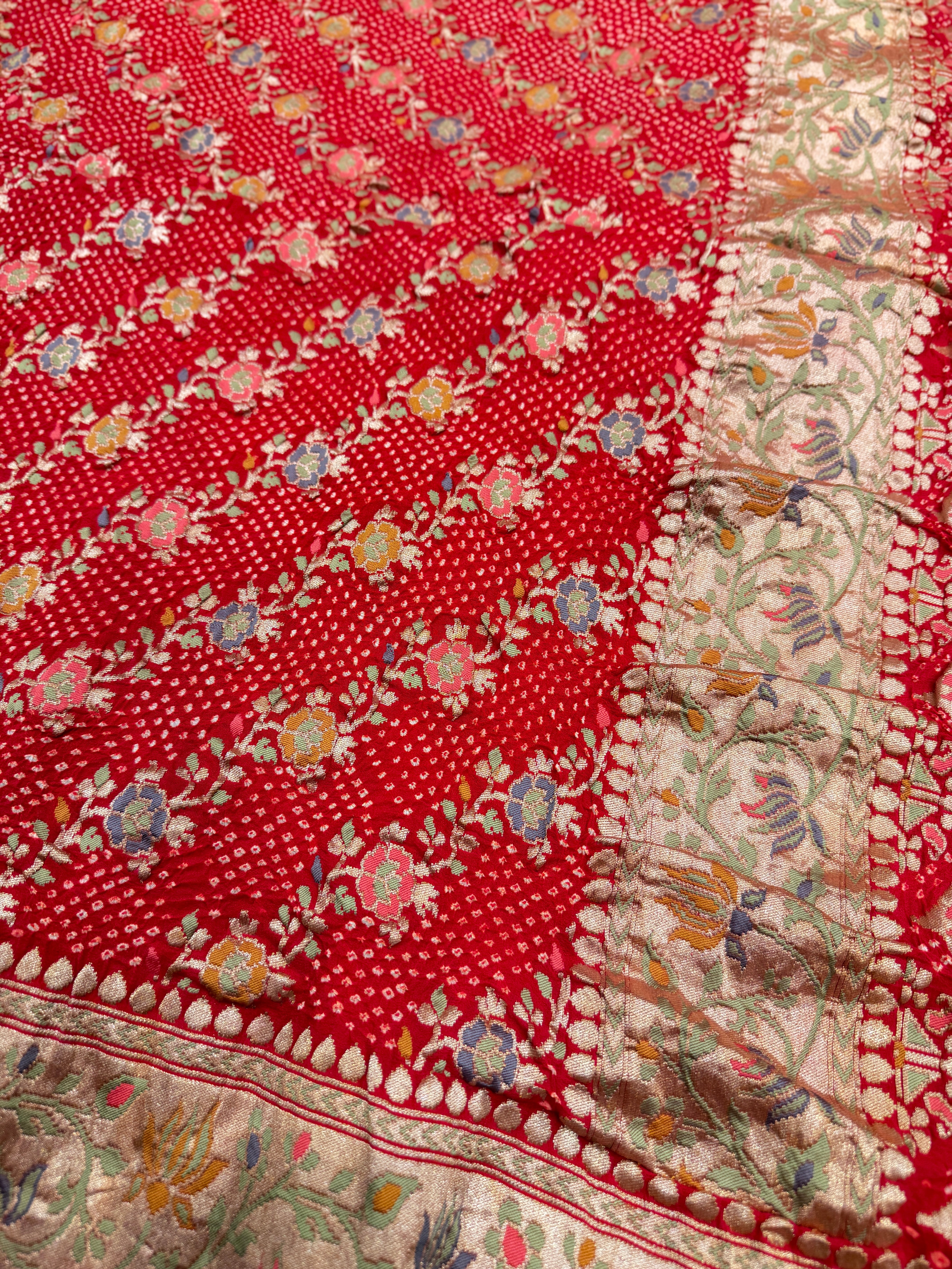 Red Meenakari Floral Leheriya Rai Bandhej Bandhini Georgette Saree