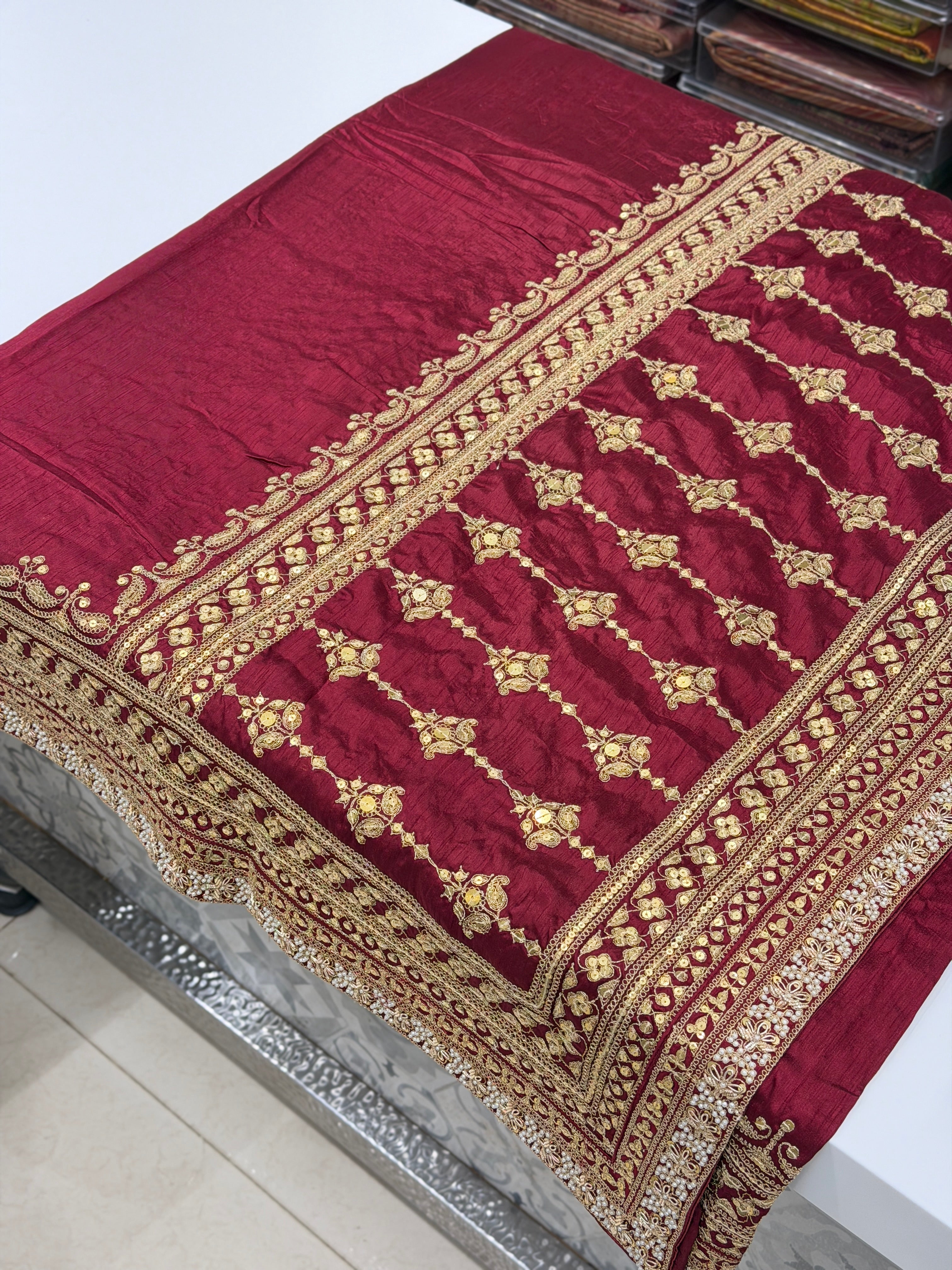 Maroon Pure Silk Sabyasachi Inspired Marodi Sequin Jaal Pallu Saree