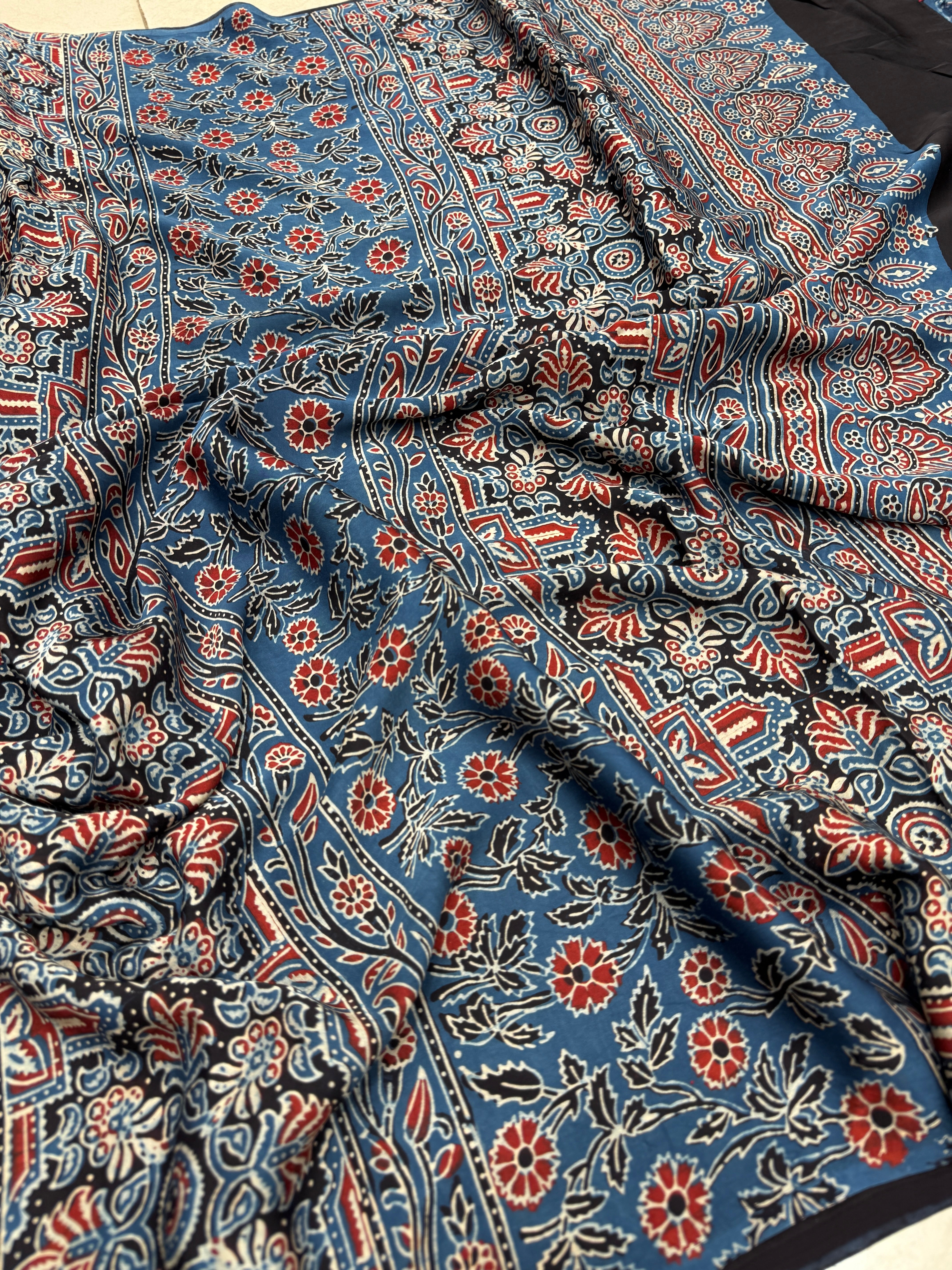 Blue Red Modal Gajji Silk Ajrakh Saree