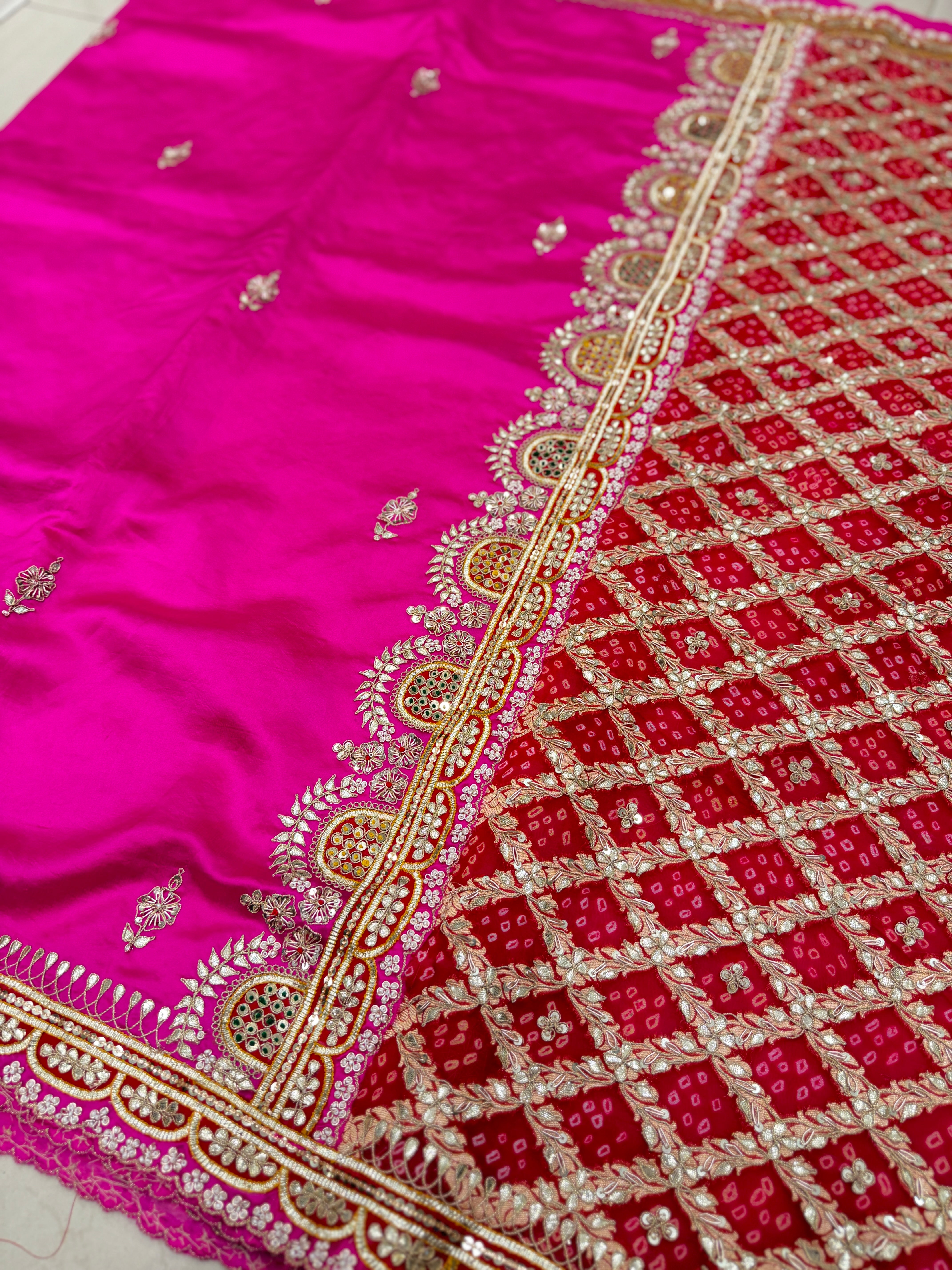 Rani Pink Pure Silk Bandhej Marodi Hand Embroidery Saree