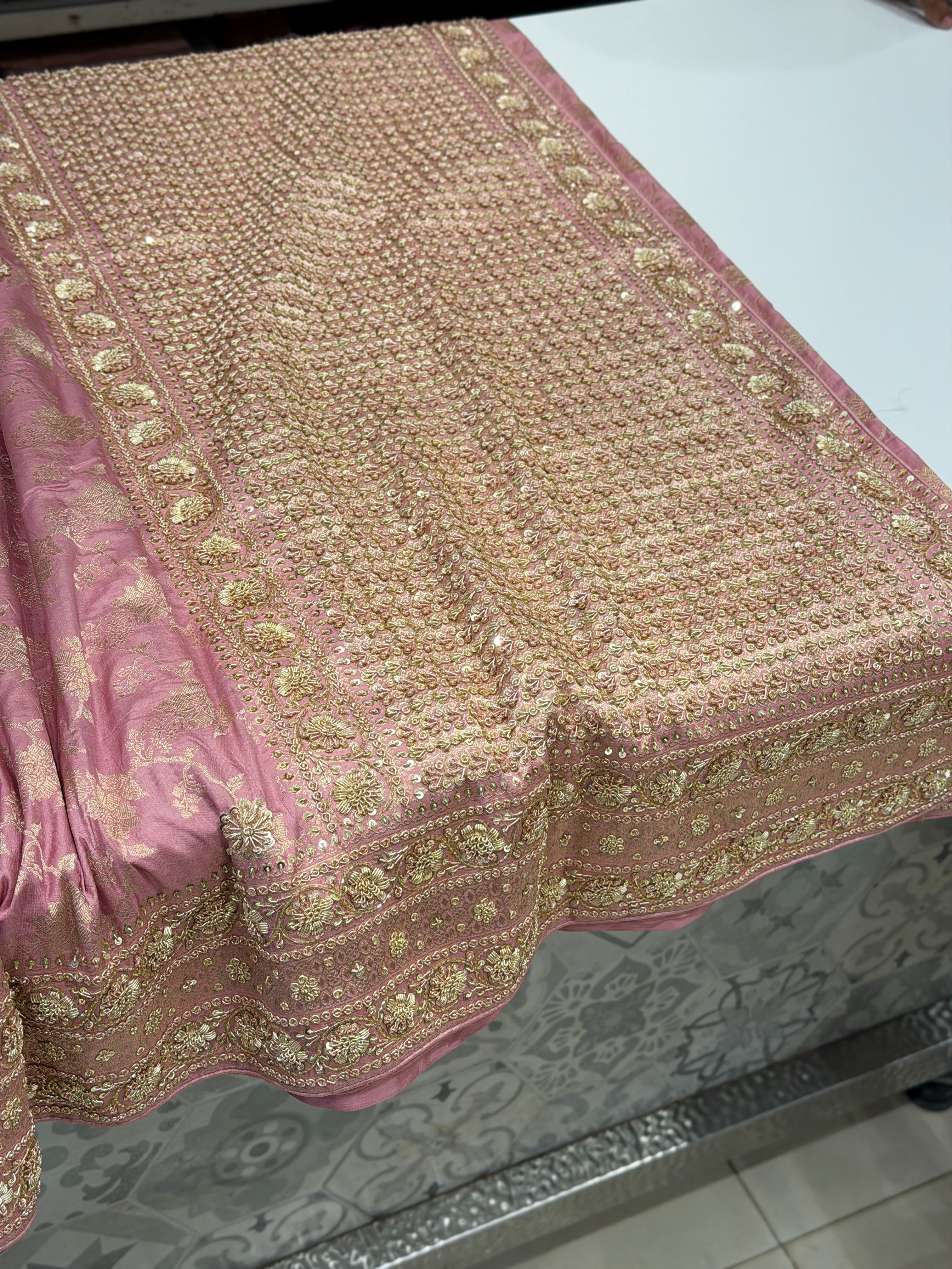 Pink Jaal Handloom Banarasi Katan Silk Zardosi Hand Embroidery Saree