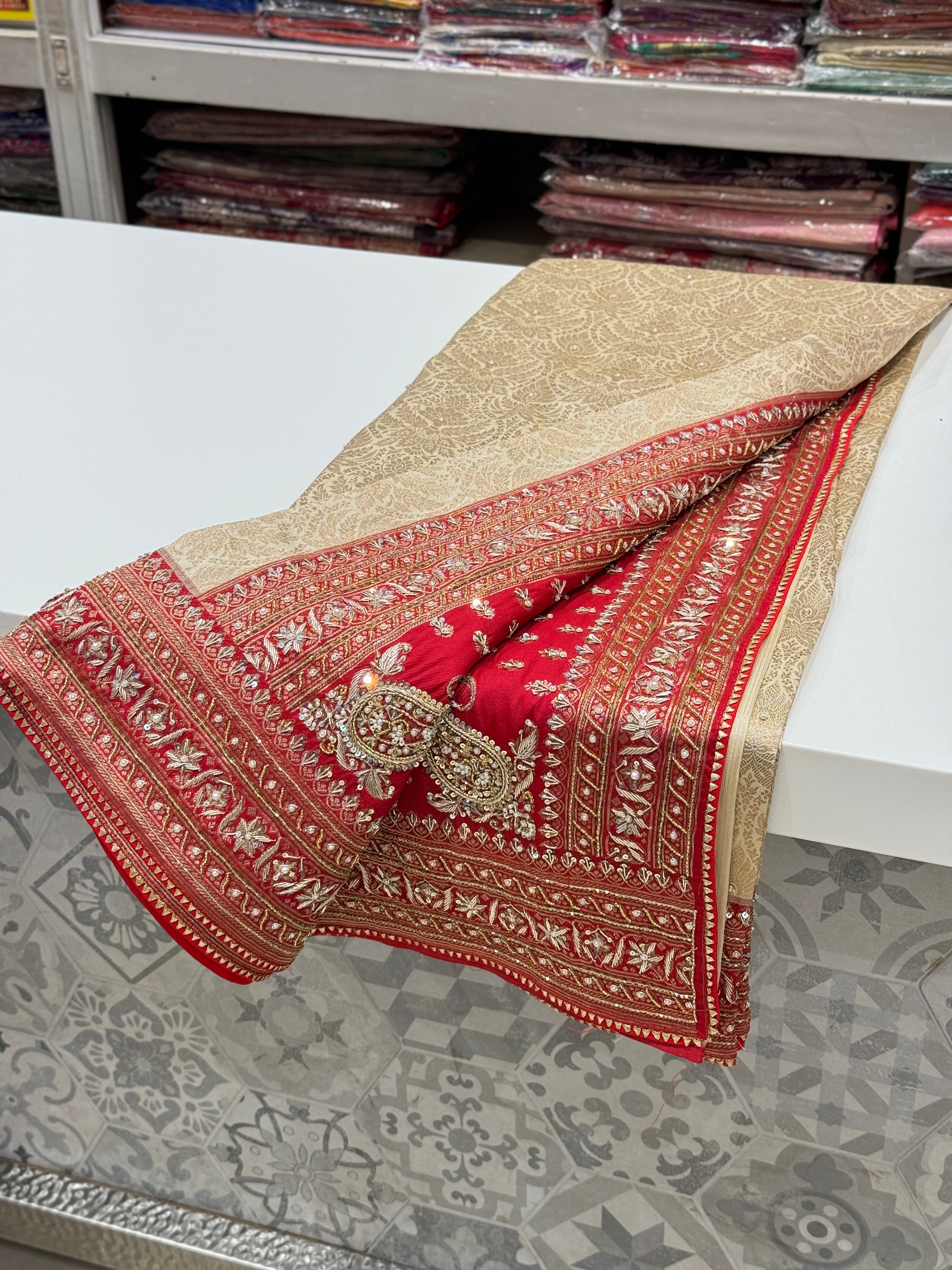 Moti White x Red Banarasi Hand Embroidery Saree