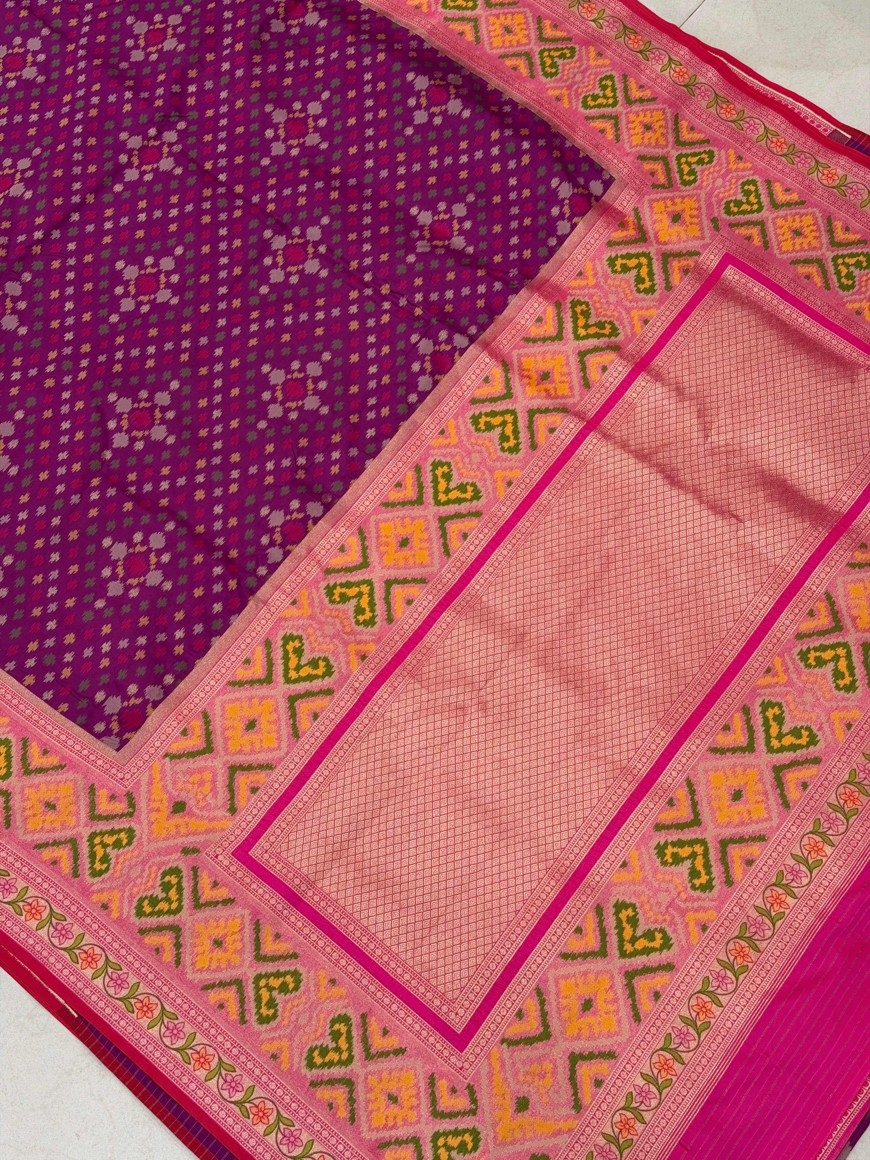 Wine Ikat Patola Banarasi Weaved Small Jaal Saree