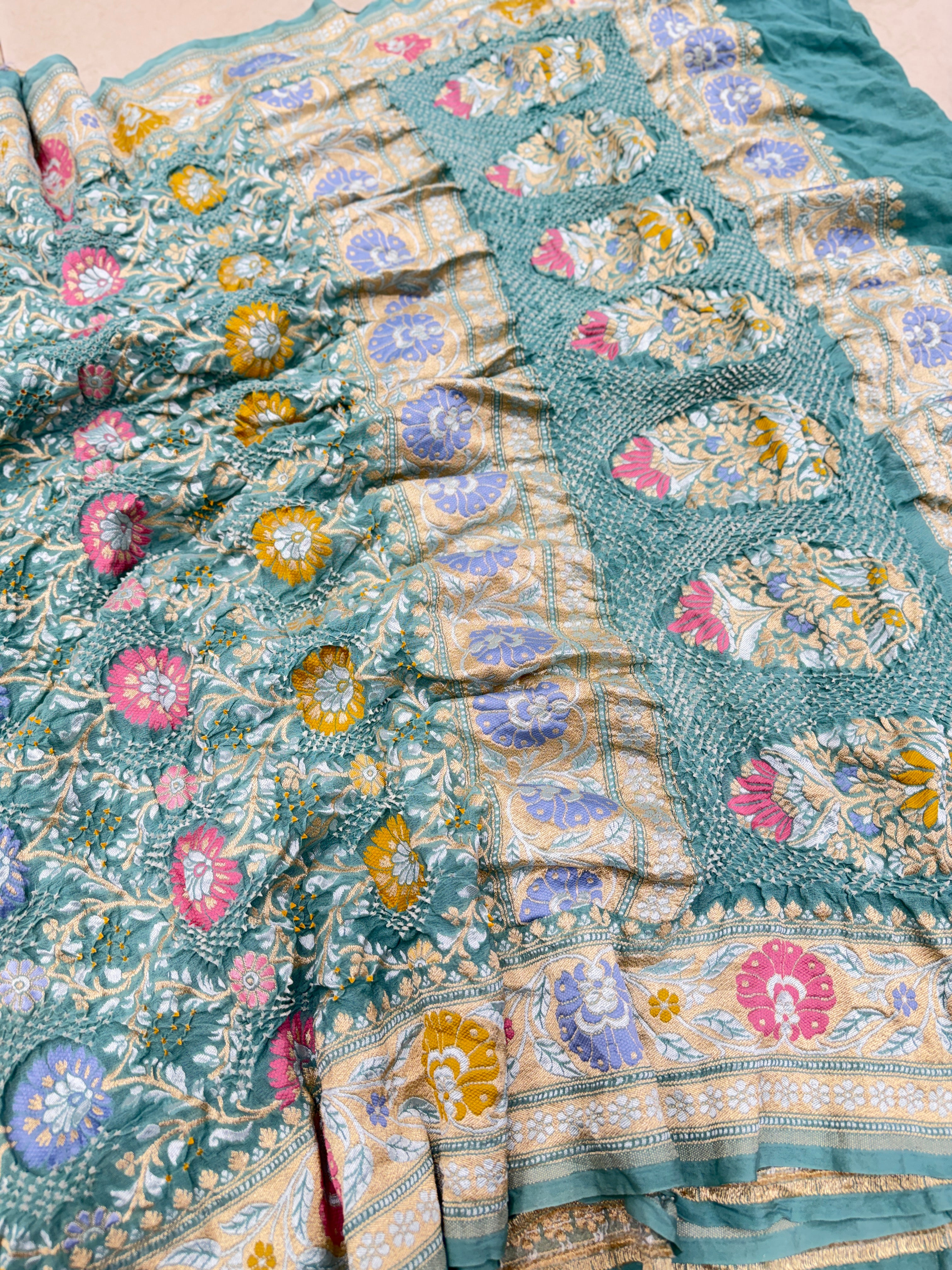 Pastel Sea Green Meenakari Jaal Pure Handloom Bandhej Georgette Saree
