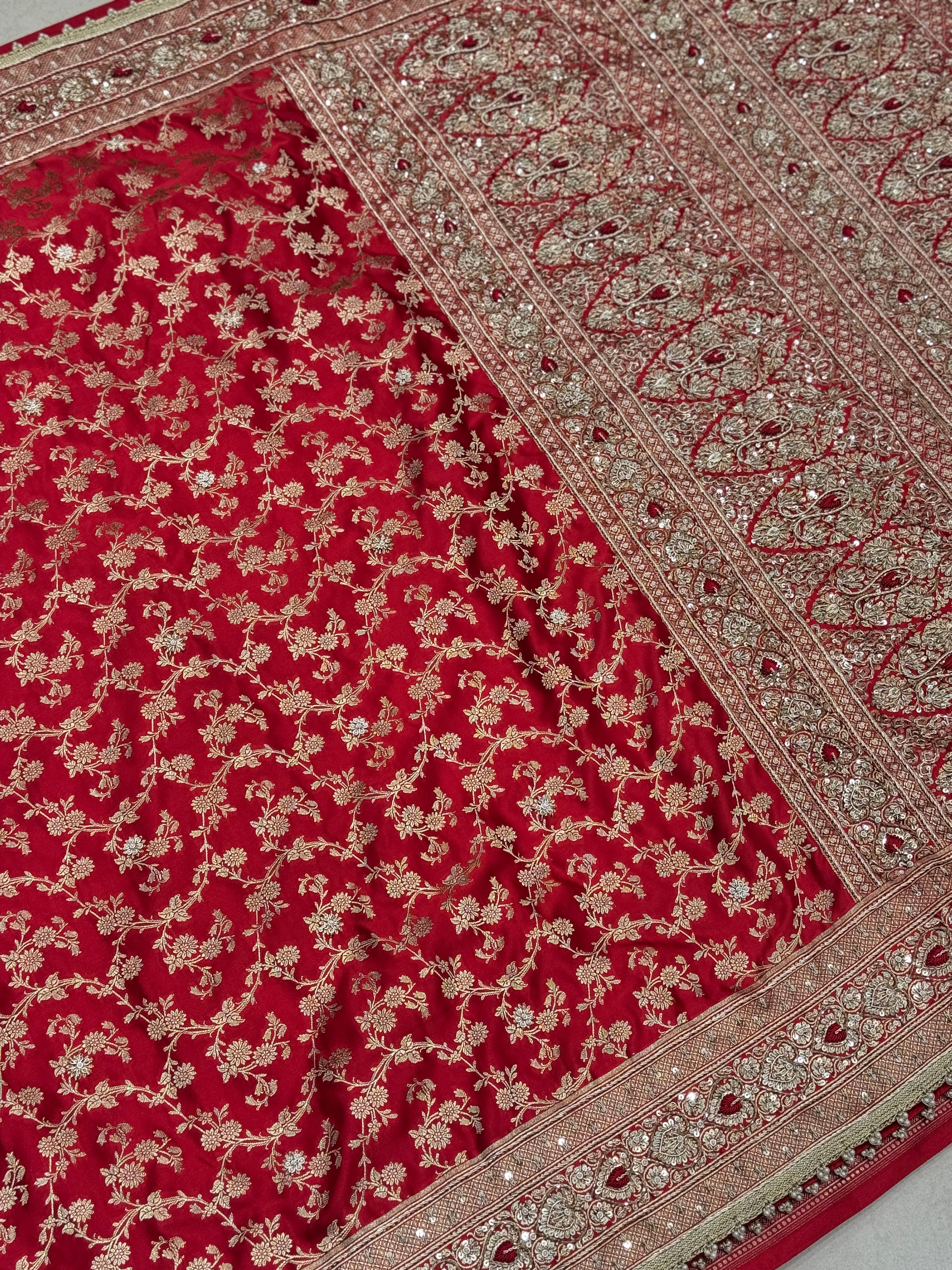 Red Banarasi Silk Resham Zardosi Heart Border Embroidery Saree
