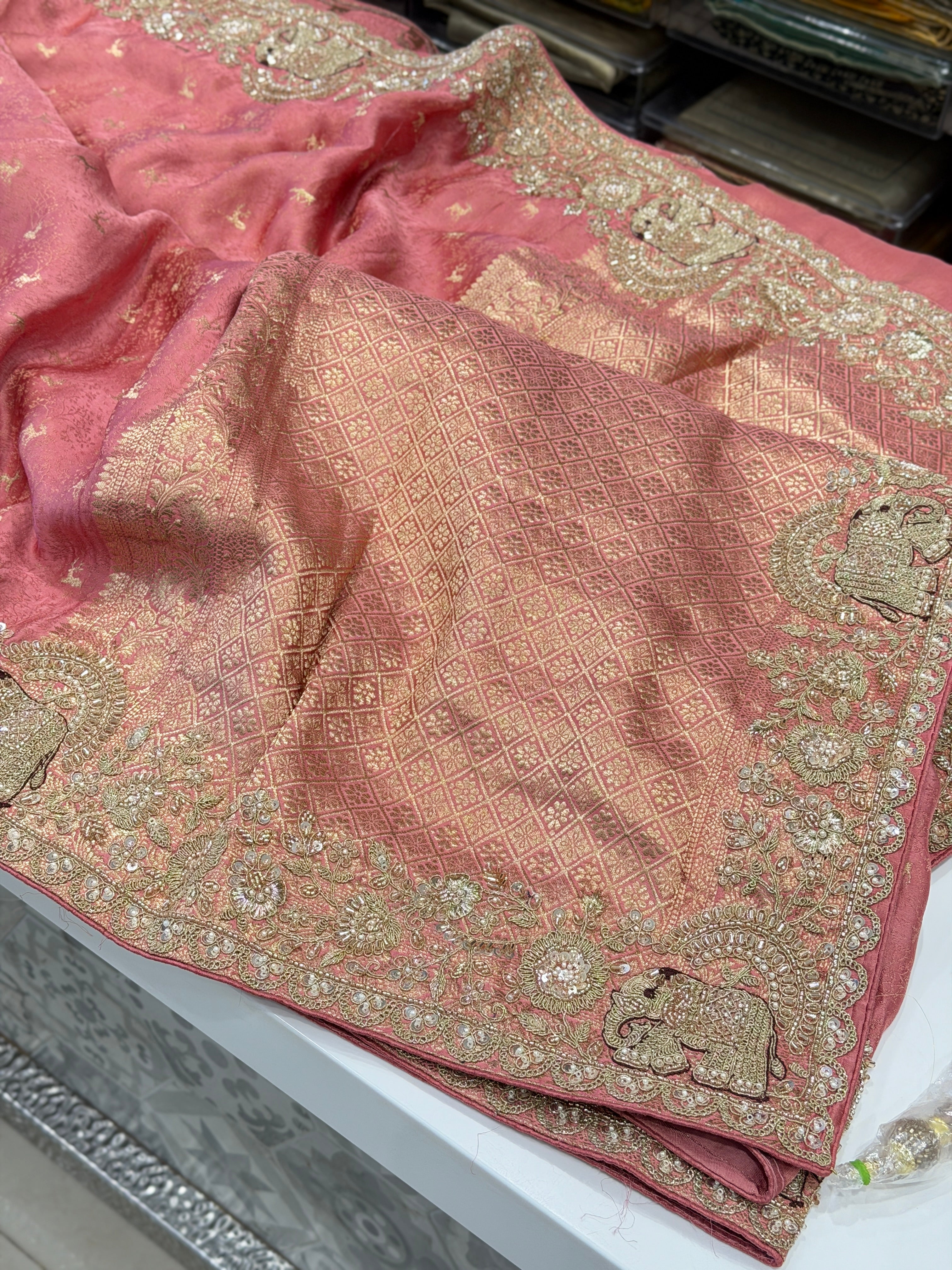 Pink Banarasi Mushru Silk Elephant Motif Embroidery Saree