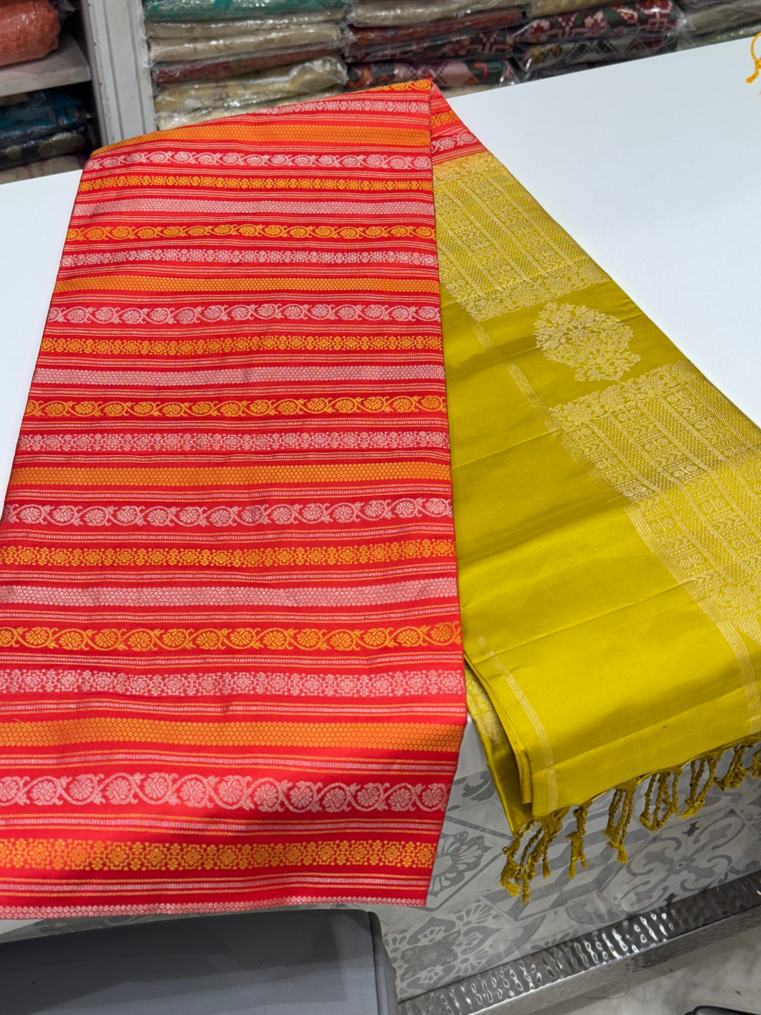 Crimson Mint Green Contemporary Handloom Kanchipuram Pure Silk Saree
