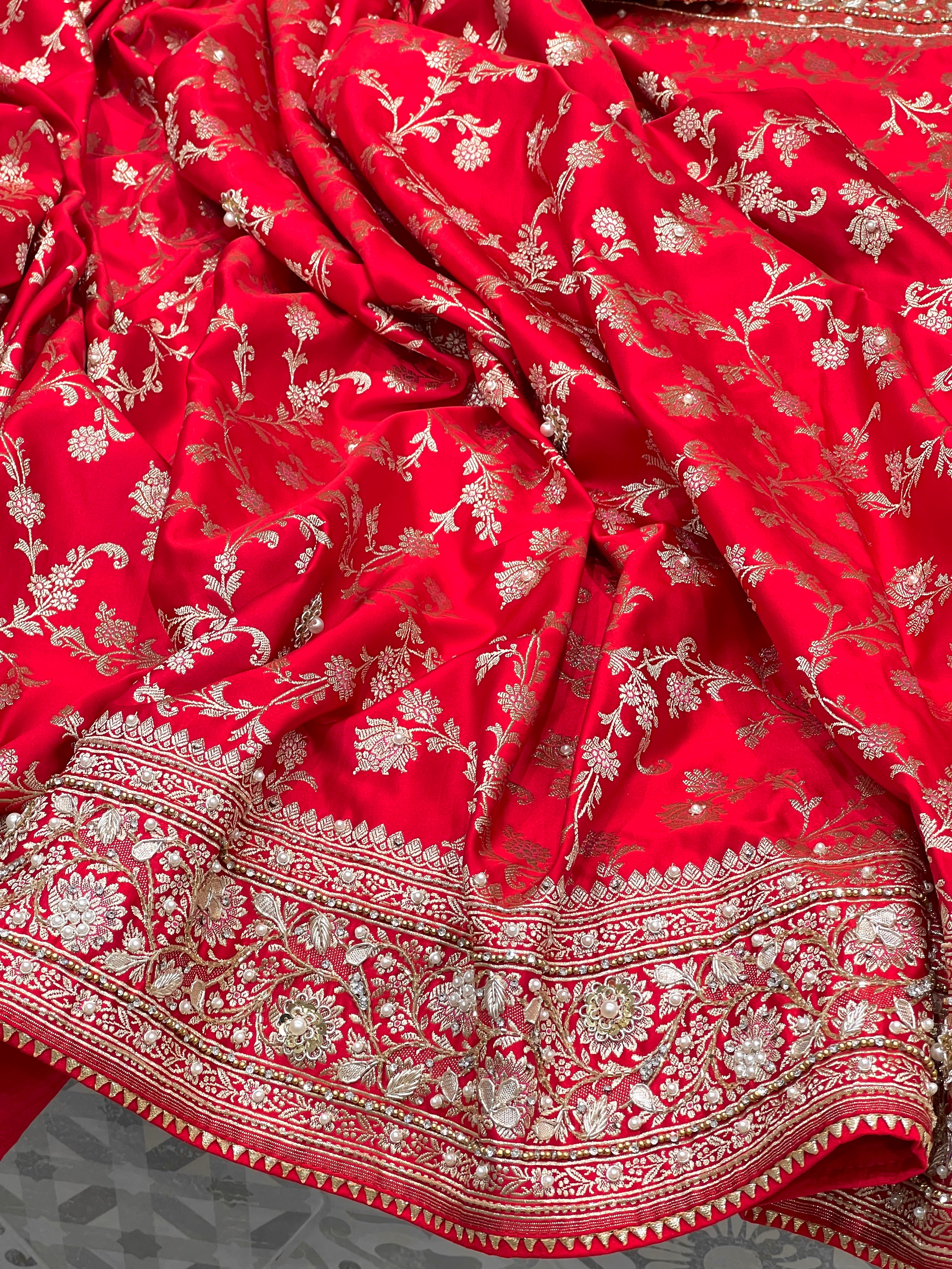 Red Banarasi Upside Down Border Hand Embroidery Saree