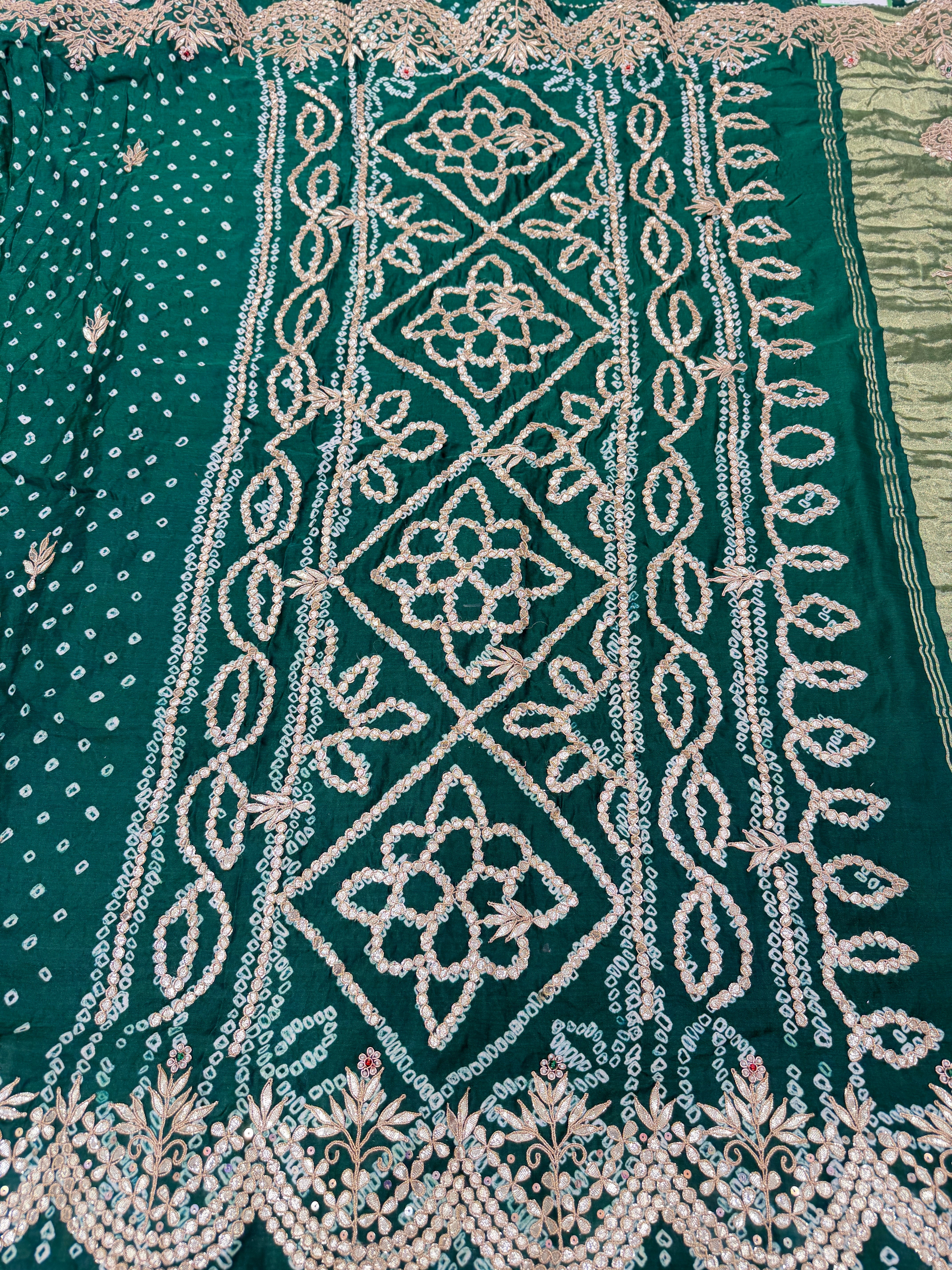 Bottle Green Gajji Silk Bandhej Gotapatti Hand Embroidery Saree
