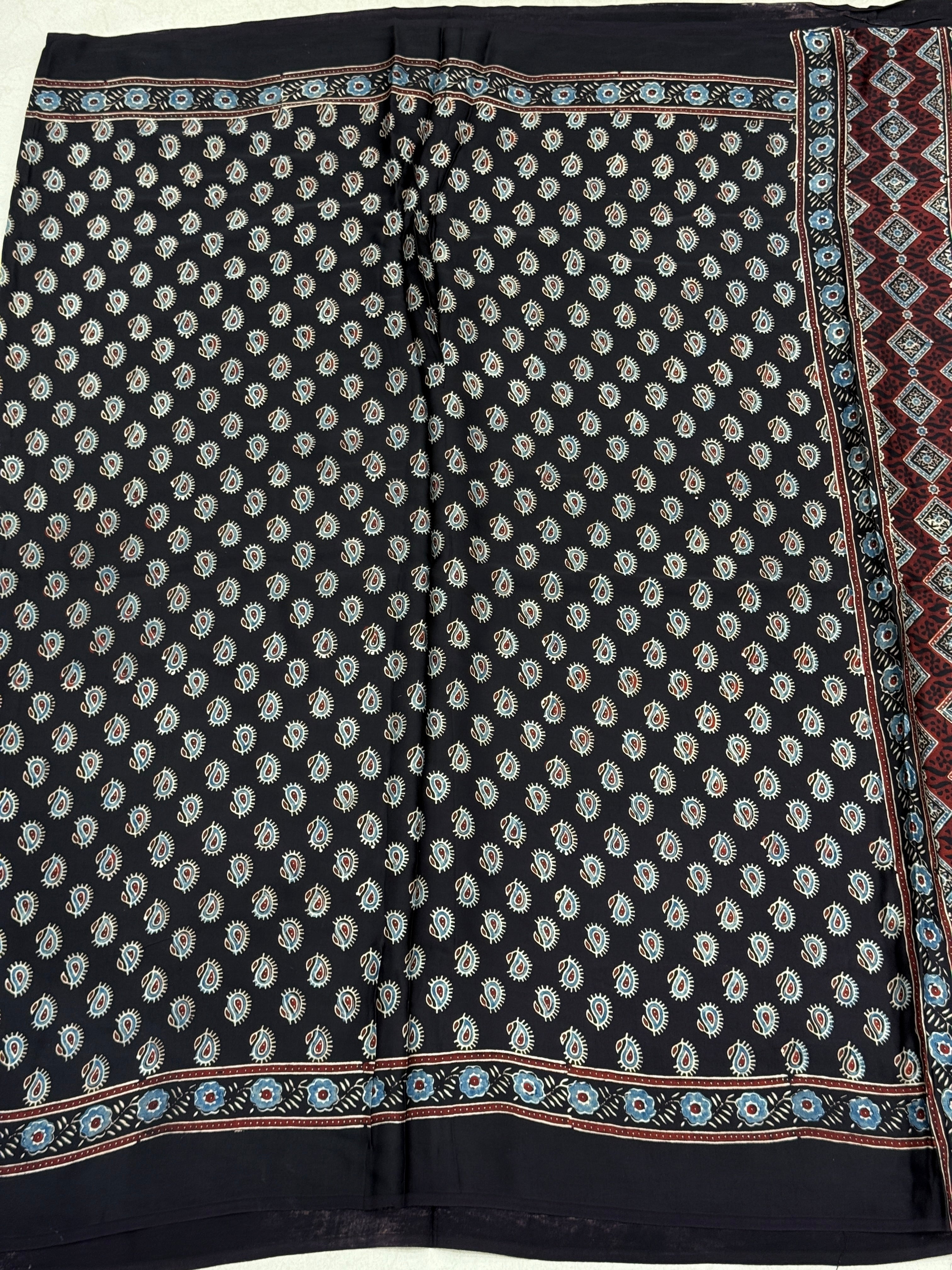 Black Keri Butti Ajrakh Modal Gajji Silk Saree