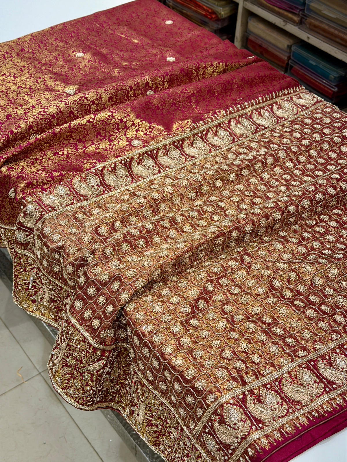 Maroonish Wine Kanjivaram Landscape Zardosi Hand Embroidery Saree