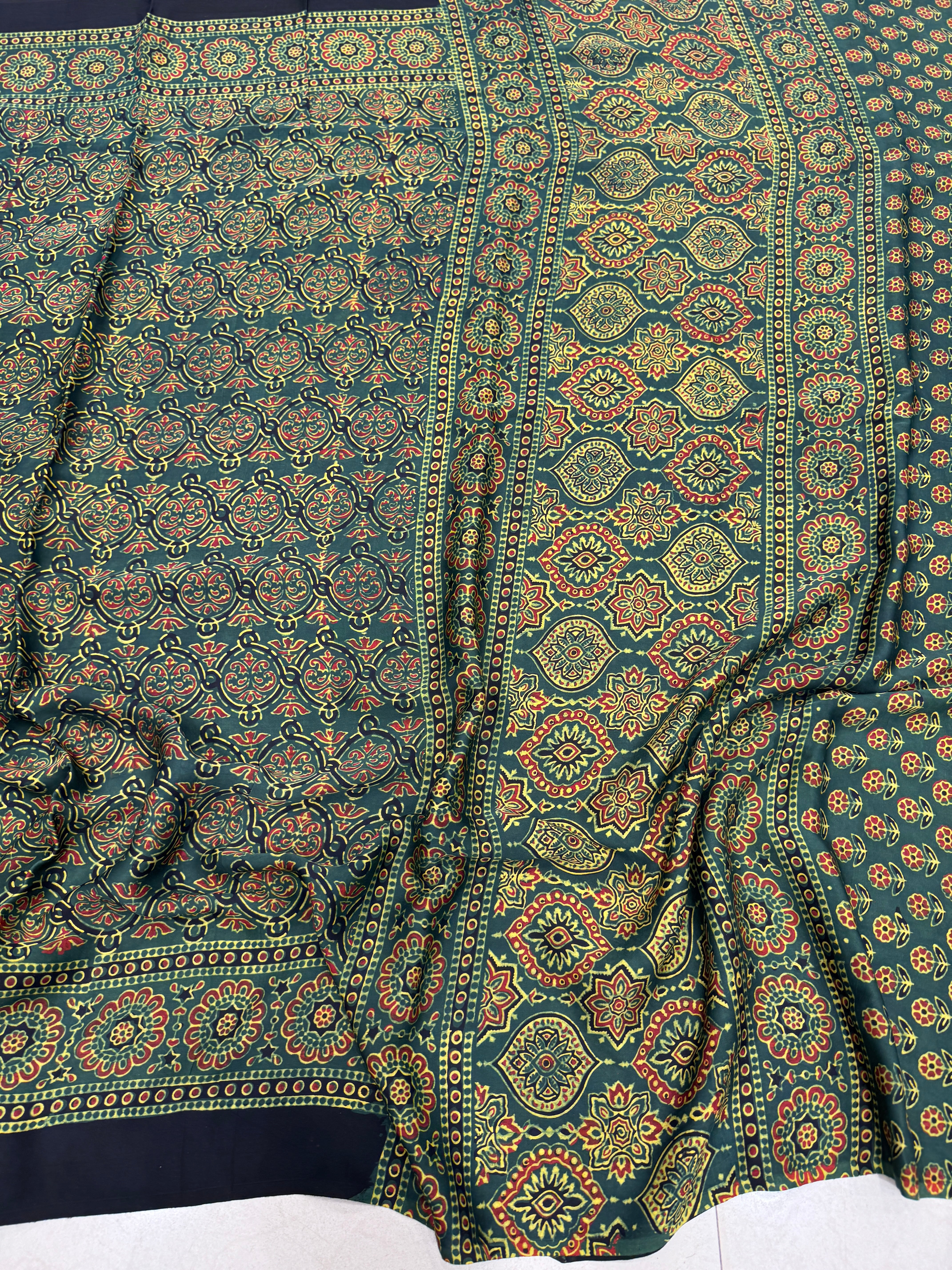 Green Jaal Ajrakh Saree Modal Gajji Silk Hand Block Print