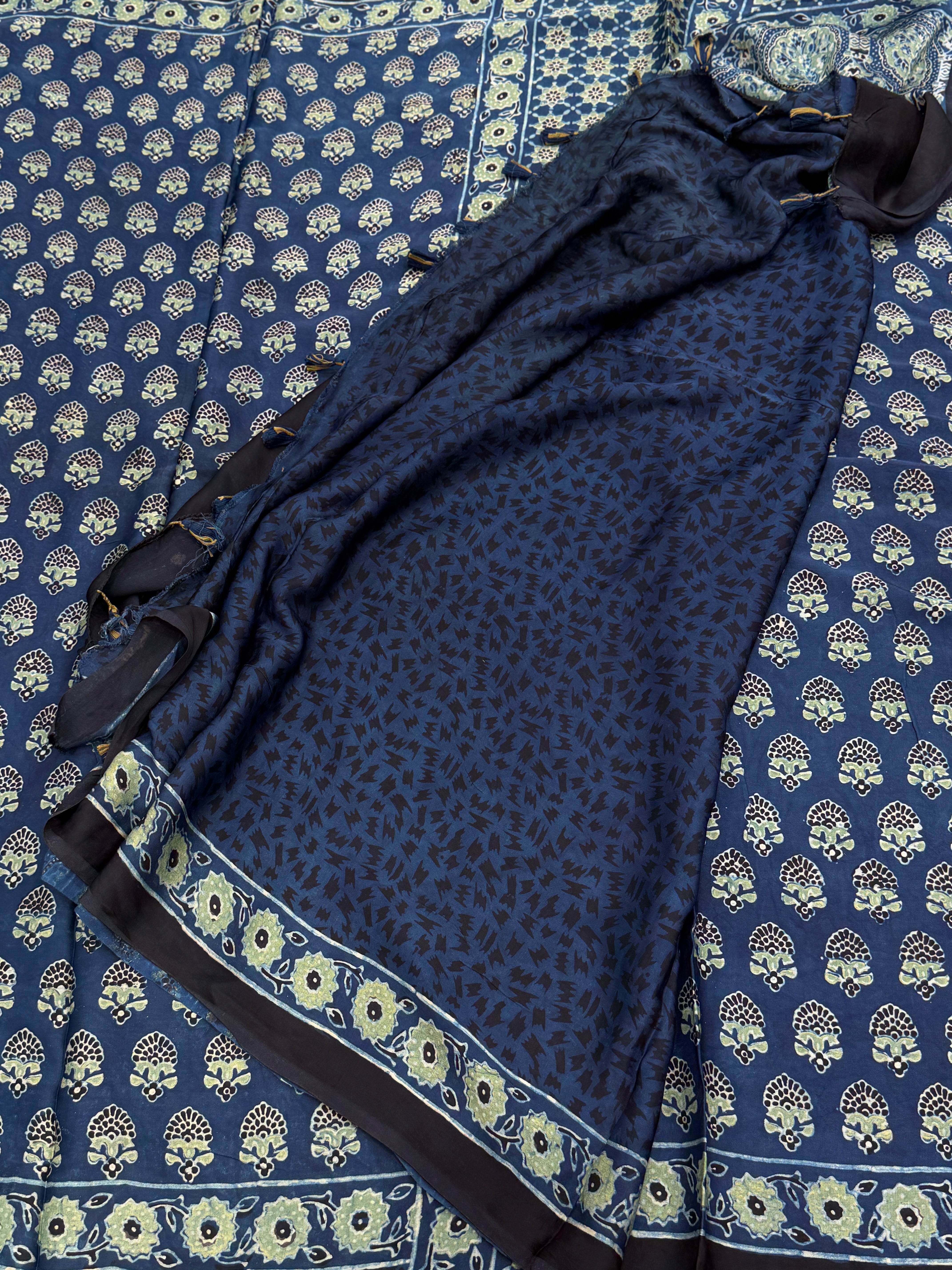 Blue Buttis Ajrakh Hand Block Print Pure Gajji Silk Saree