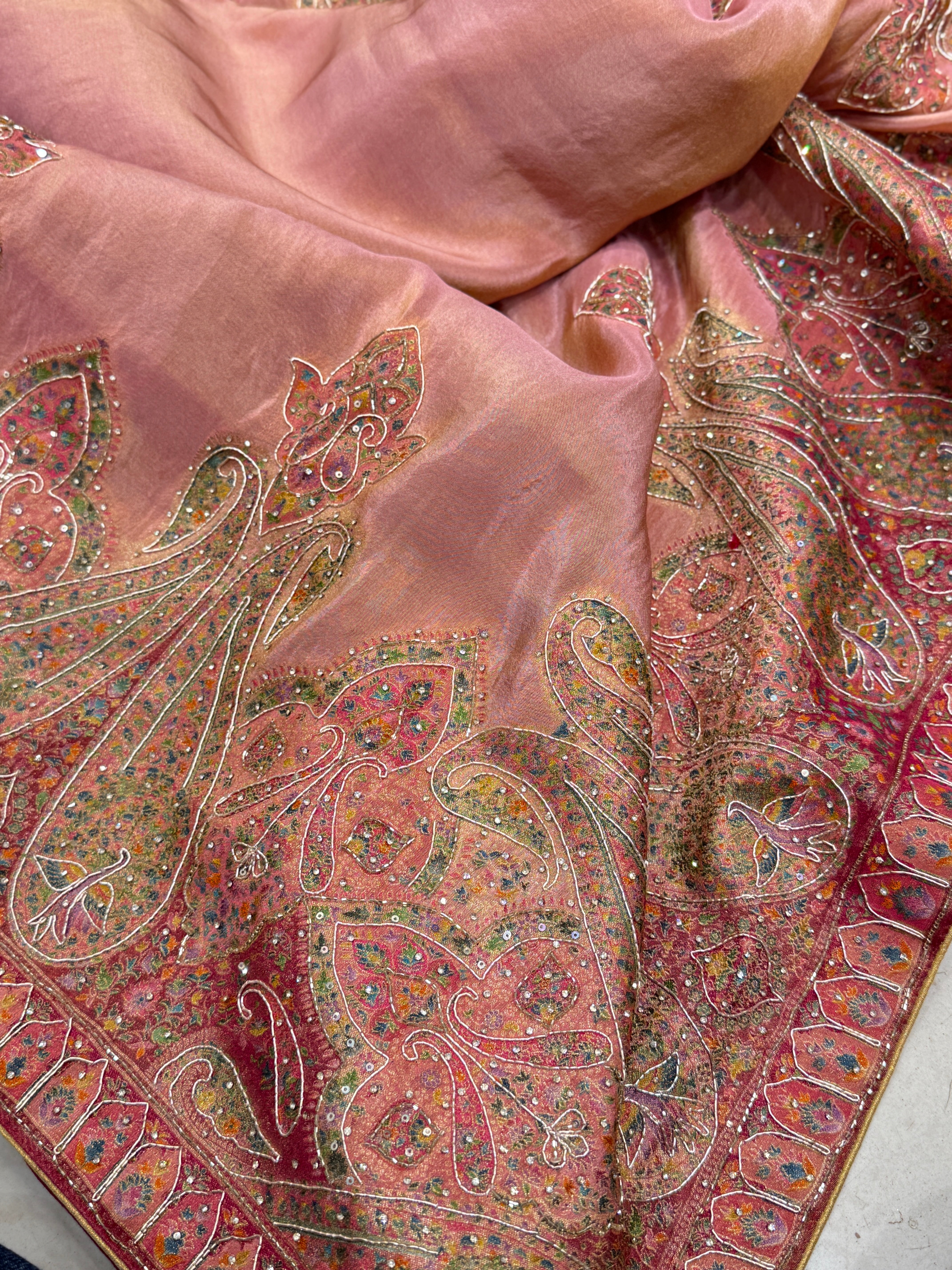 Pink Crepe Tissue Pashmina Style Embroidery Saree