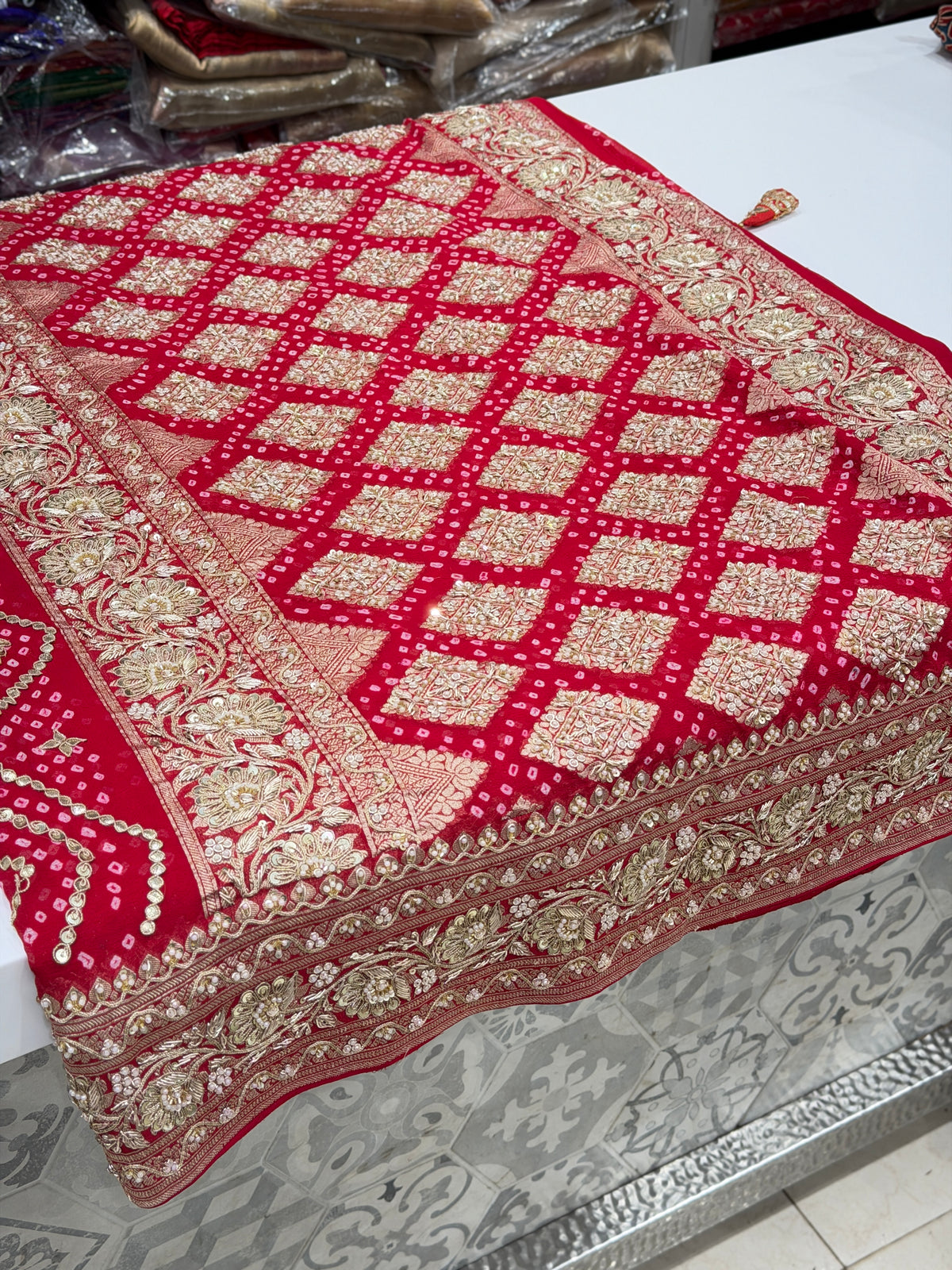 Red Rai Bandhej Georgette Saree Marodi Zardosi Hand Embroidery Saree