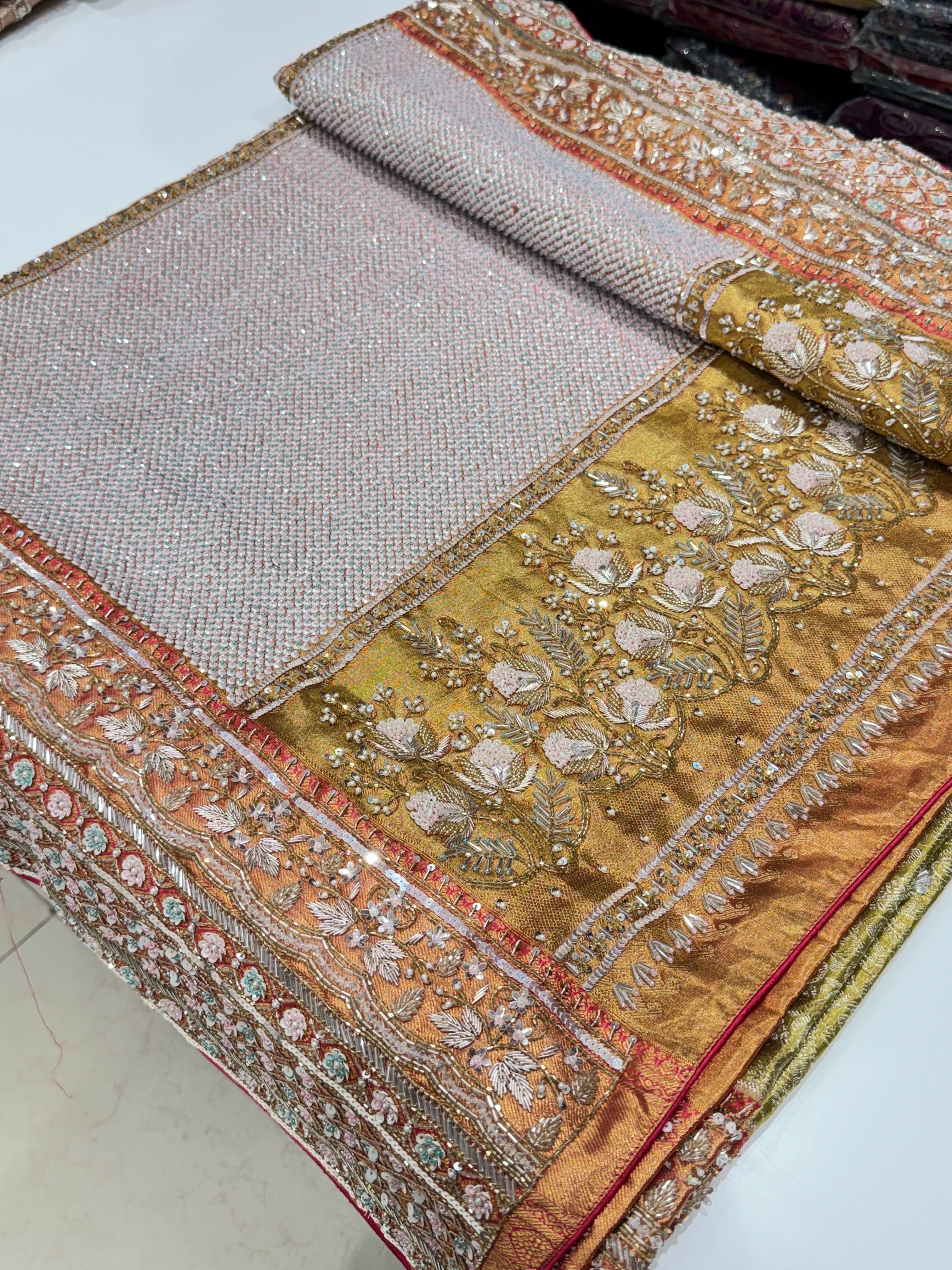 Pista Green Rani Tissue Kanjivaram Hand Embroidery Saree