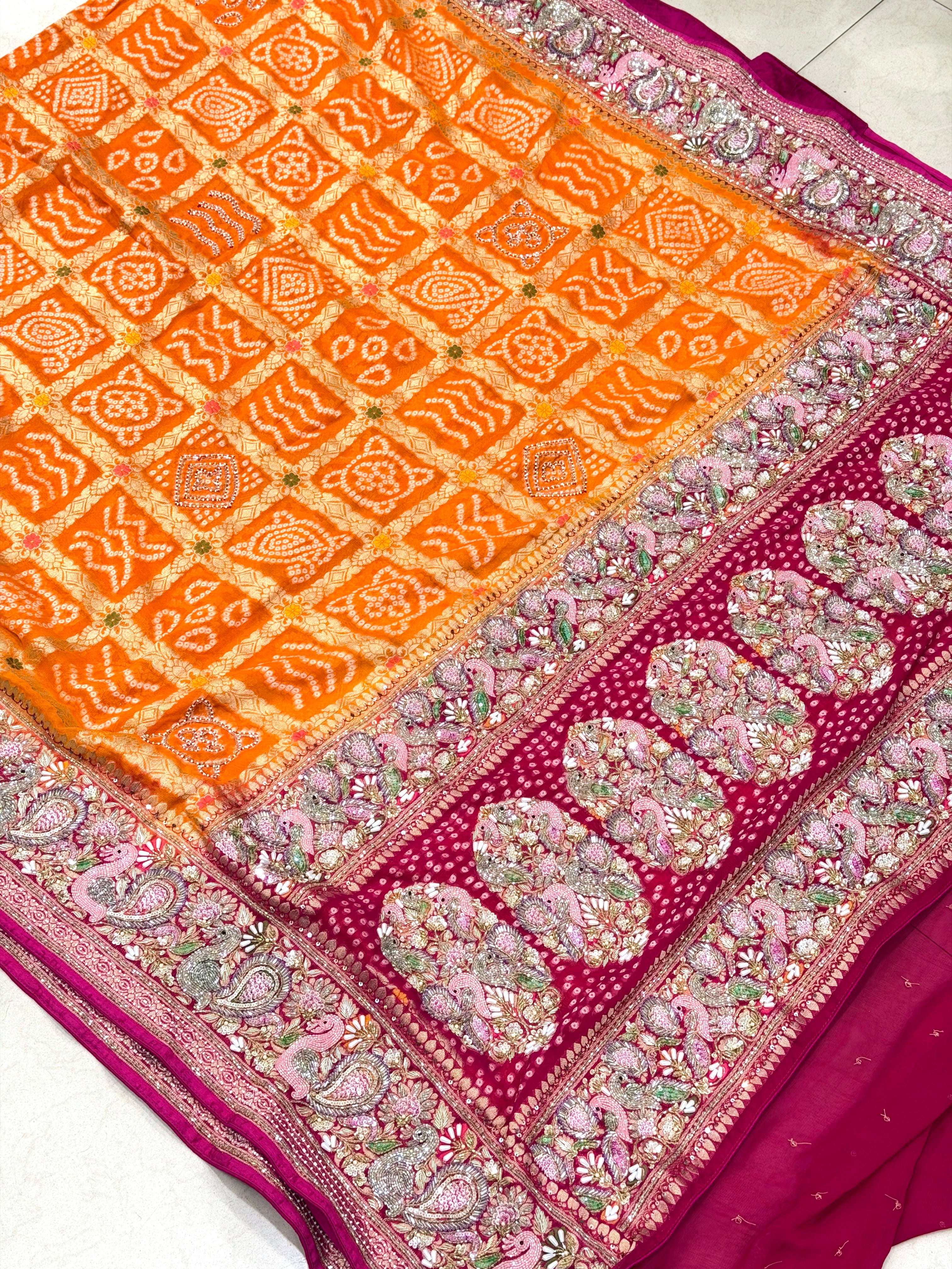 Orange Rani Gharchola Moti Sequin Zardosi Hand Embroidery Georgette Saree