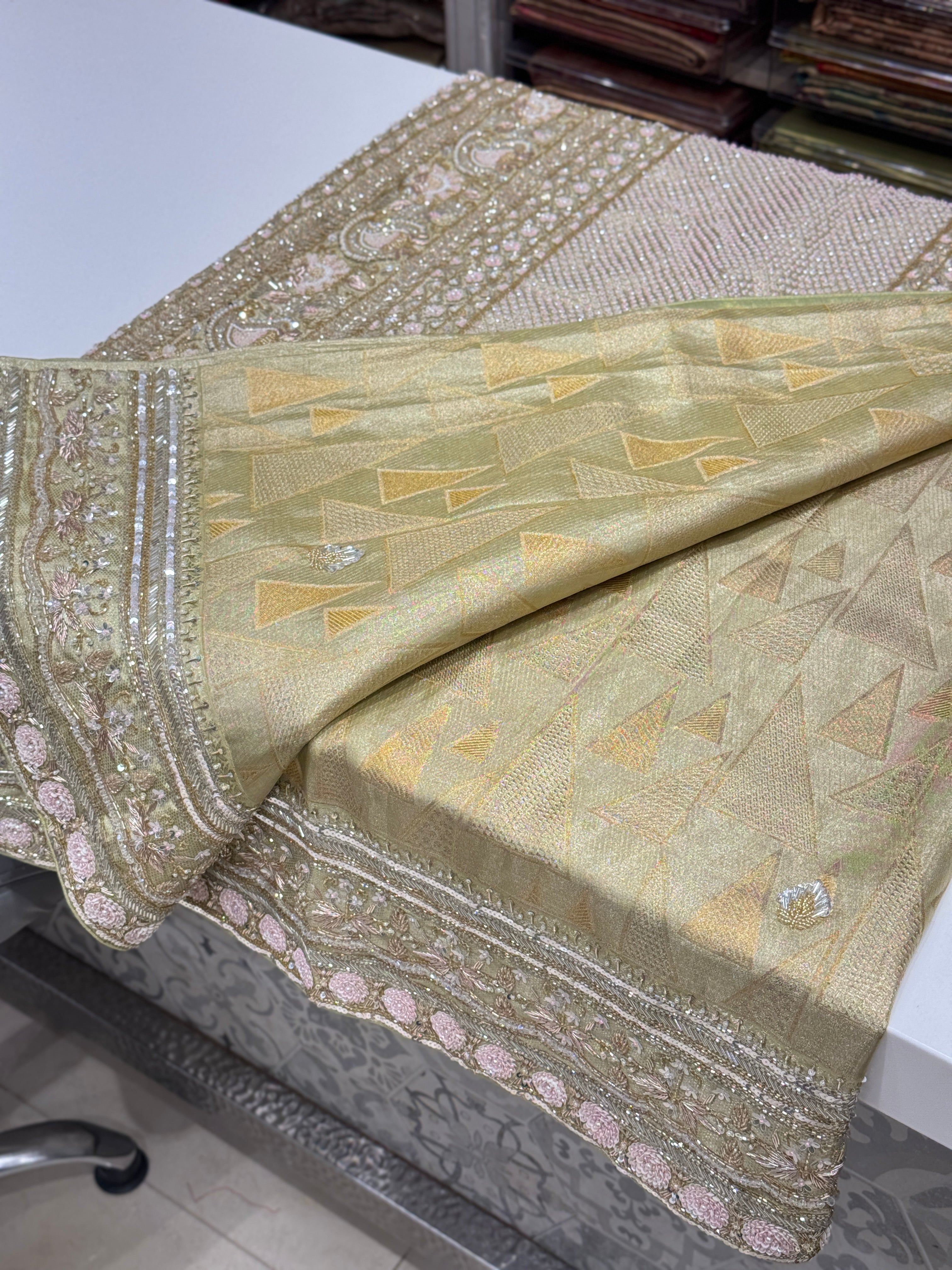Green Contemporary Tissue Jaal Kanjivaram Hand Embroidery Saree