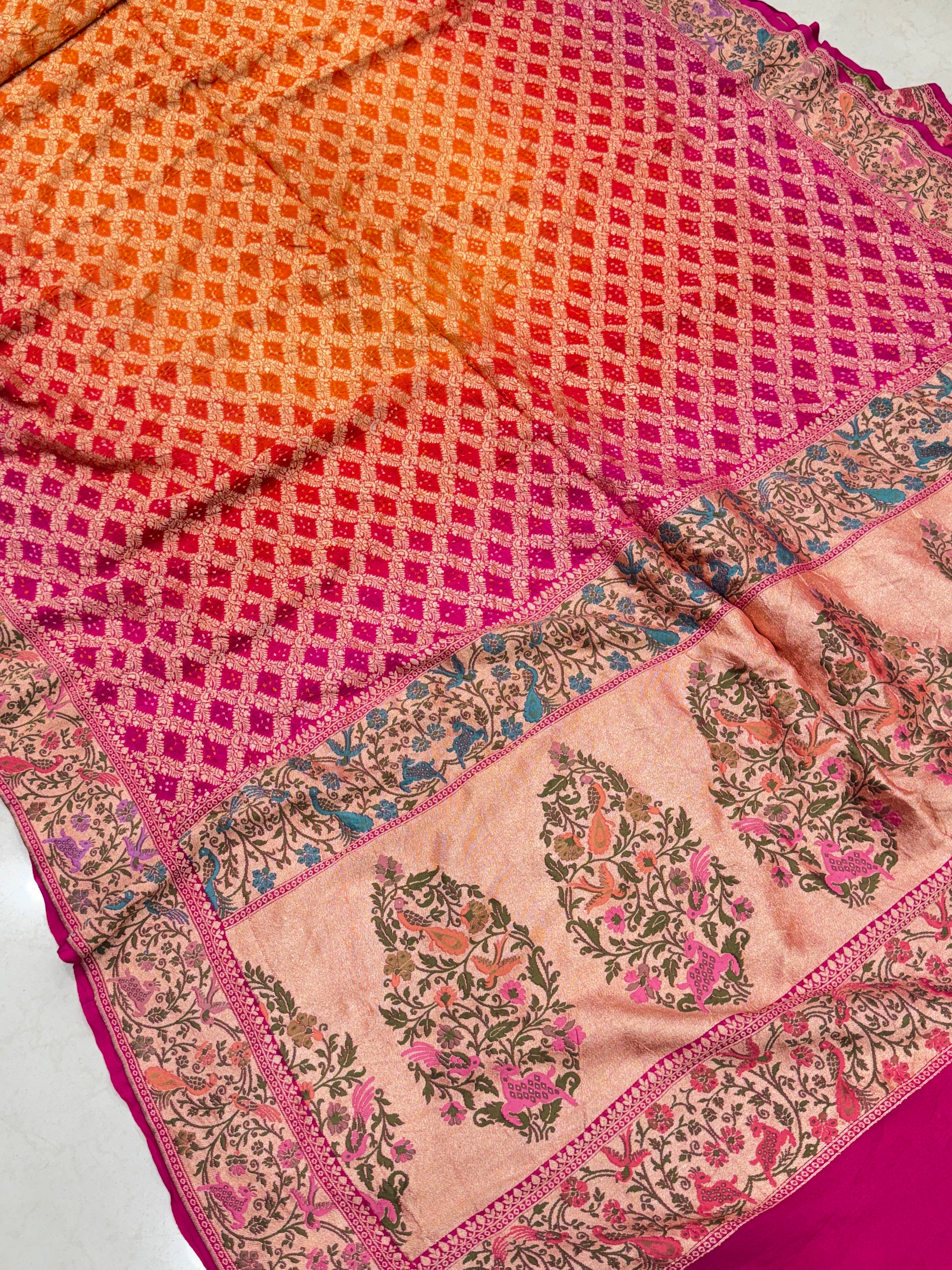 Rani Orange Shaded Shikara Border Meenakari Rai Bandhej Georgette Bandhini Saree