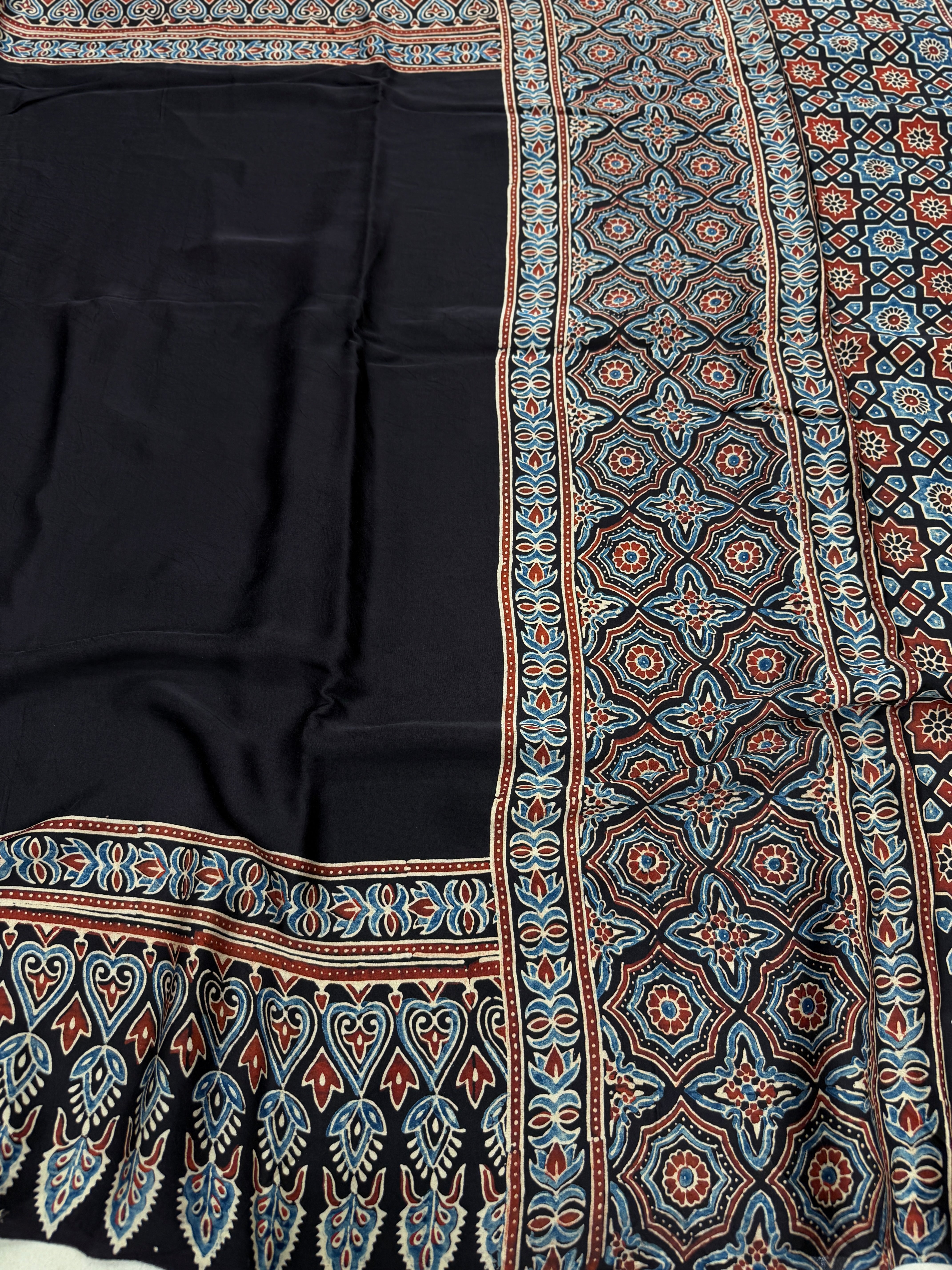 Black Plain Big Border Ajrakh Hand Block Print Pure Modal Silk Saree