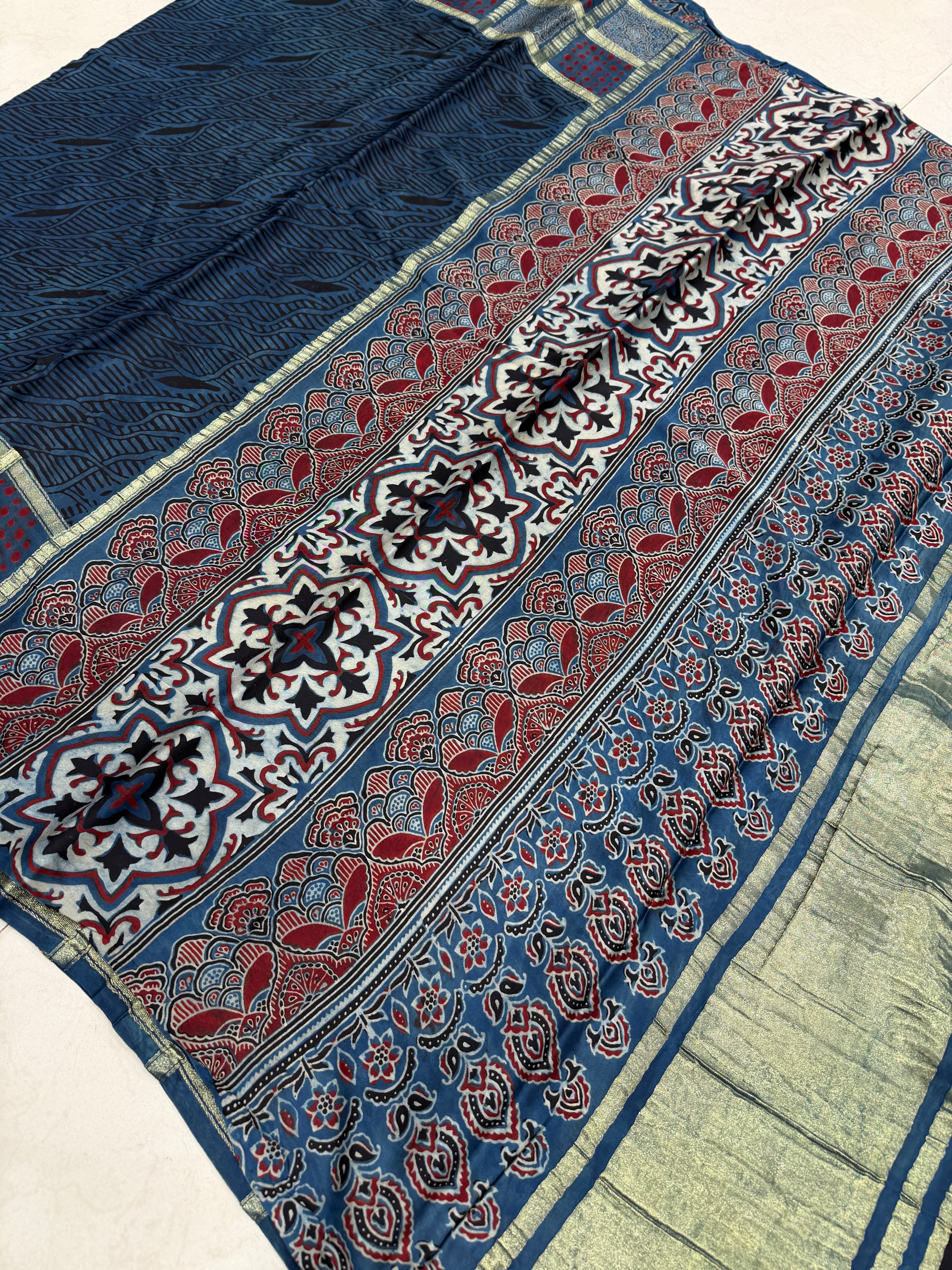 Blue Contemporary Zari Checks Ajrakh Hand Block Print Pure Gajji Silk Saree