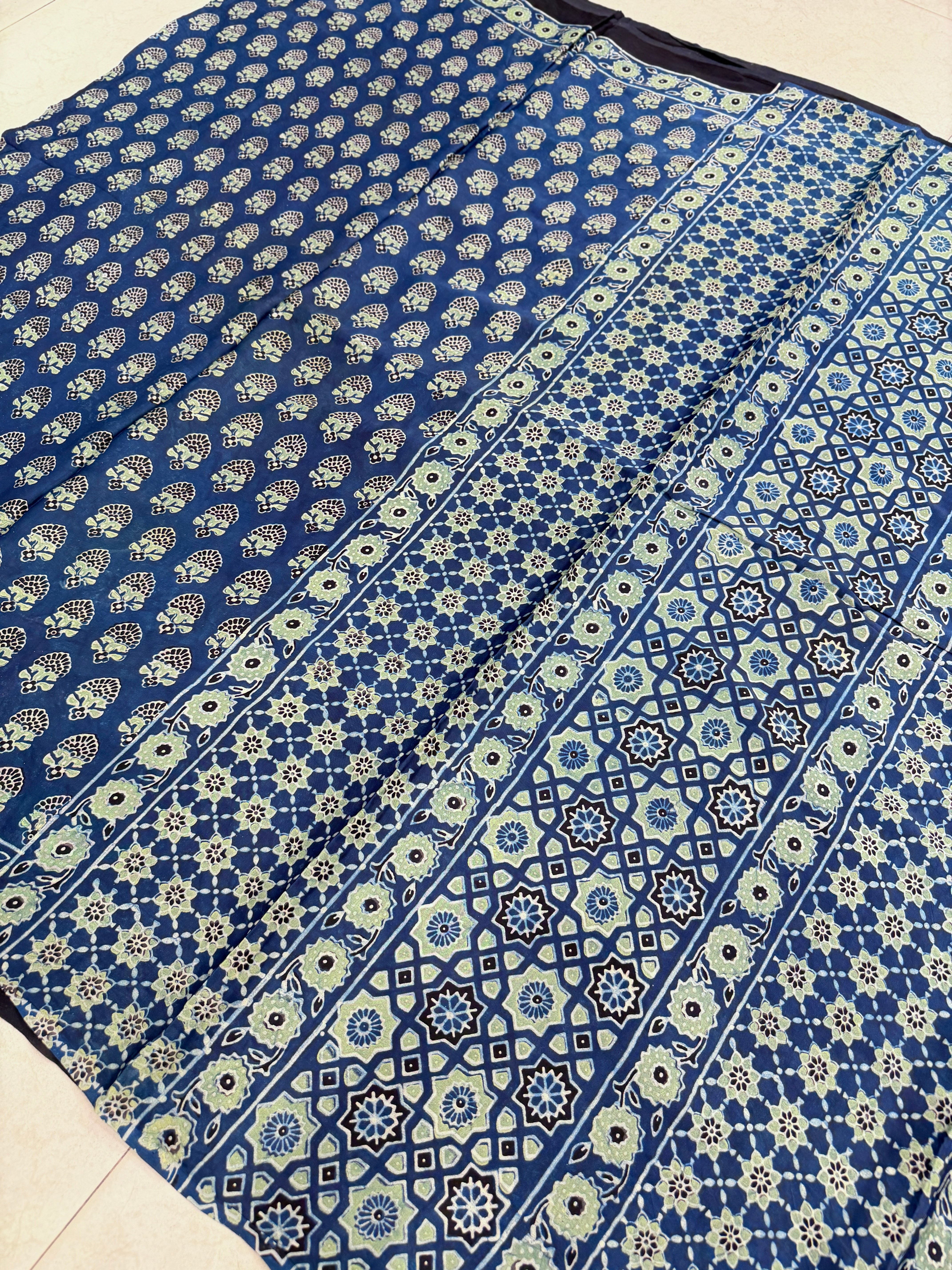 Blue Buttis Ajrakh Hand Block Print Pure Gajji Silk Saree