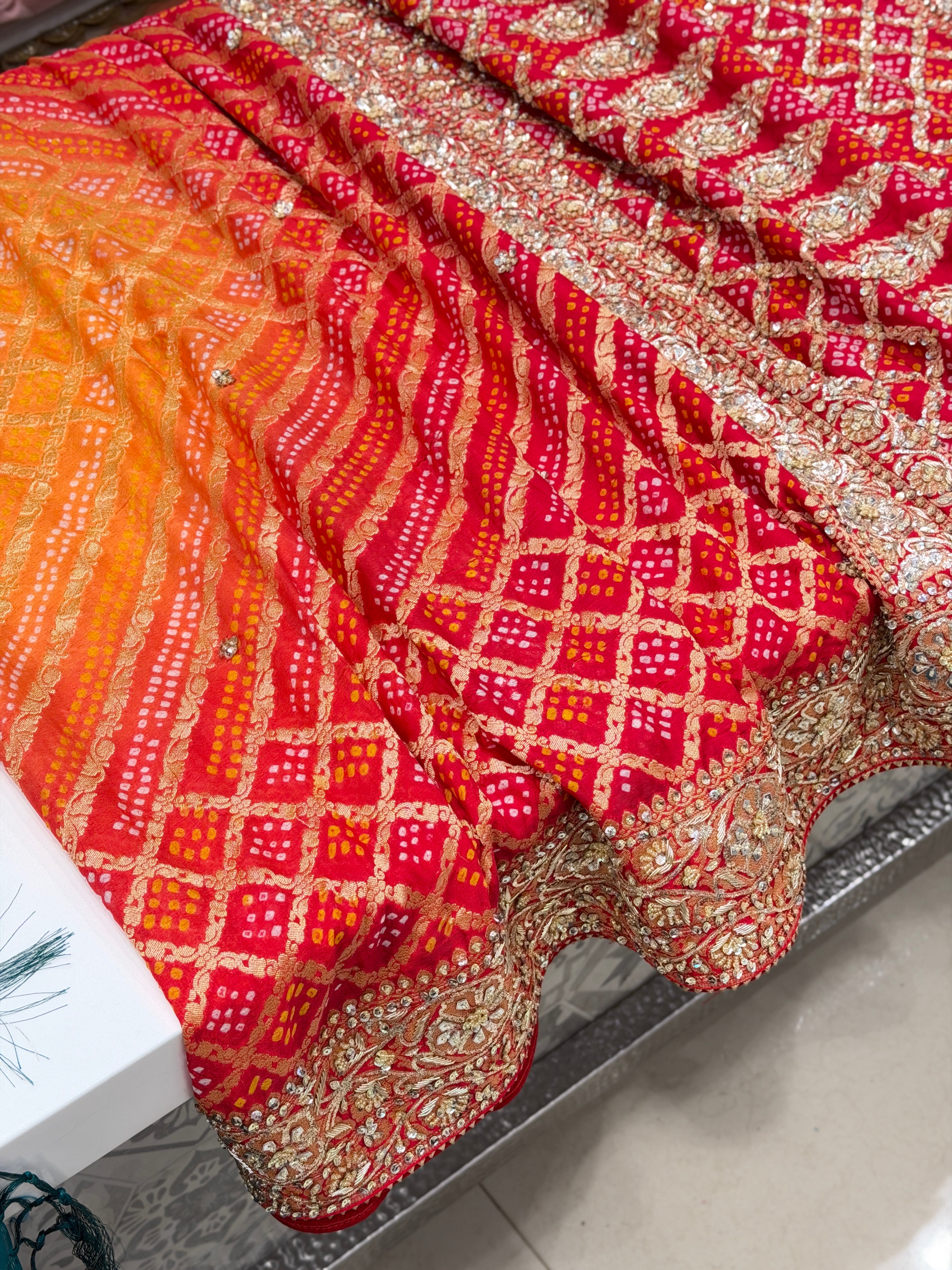 Orange Red Rai Bandhej Zardosi Pita Hand Embroidery Saree