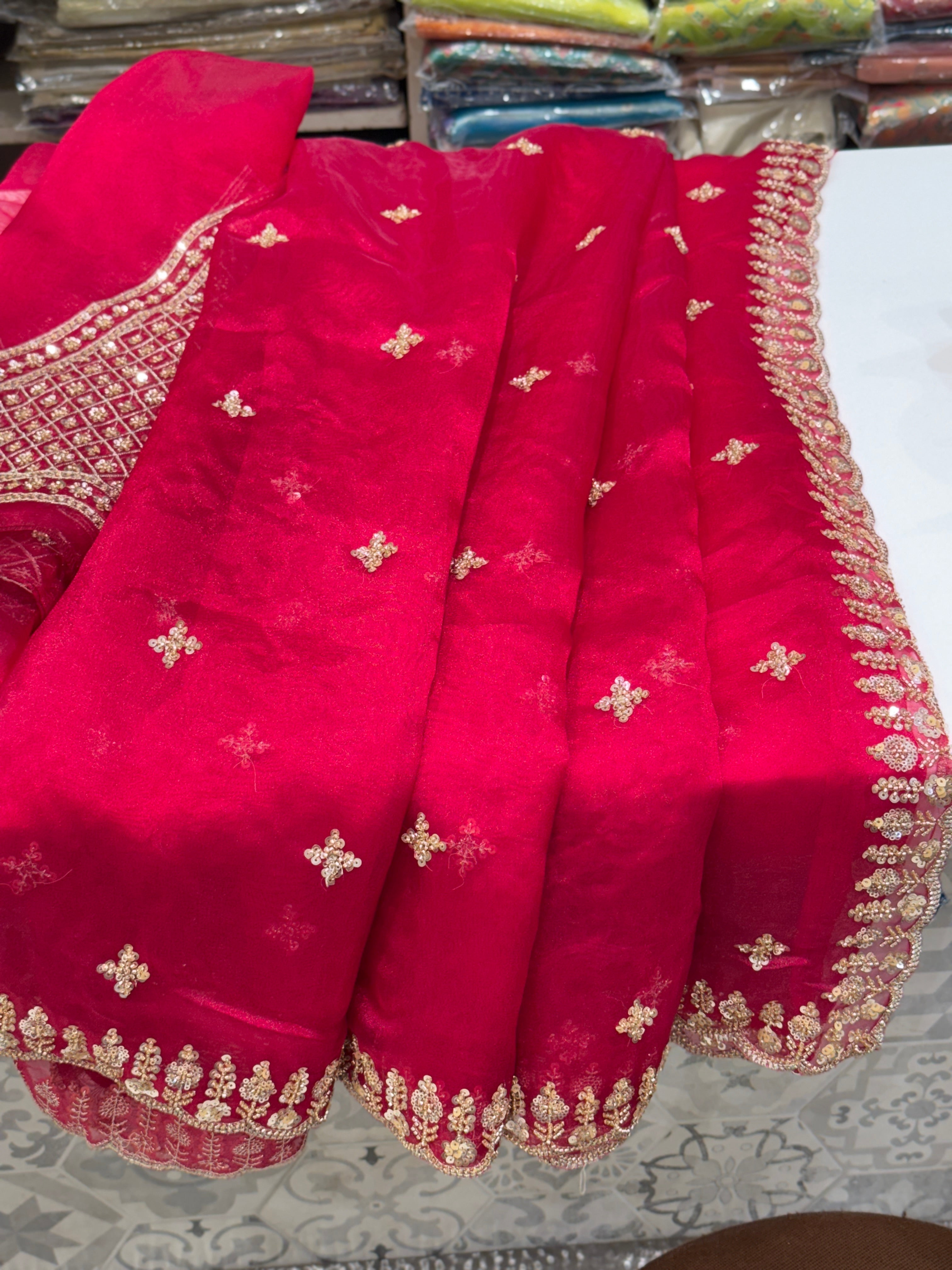 Rani Pink Tissue Organza Heavy Blouse Saree