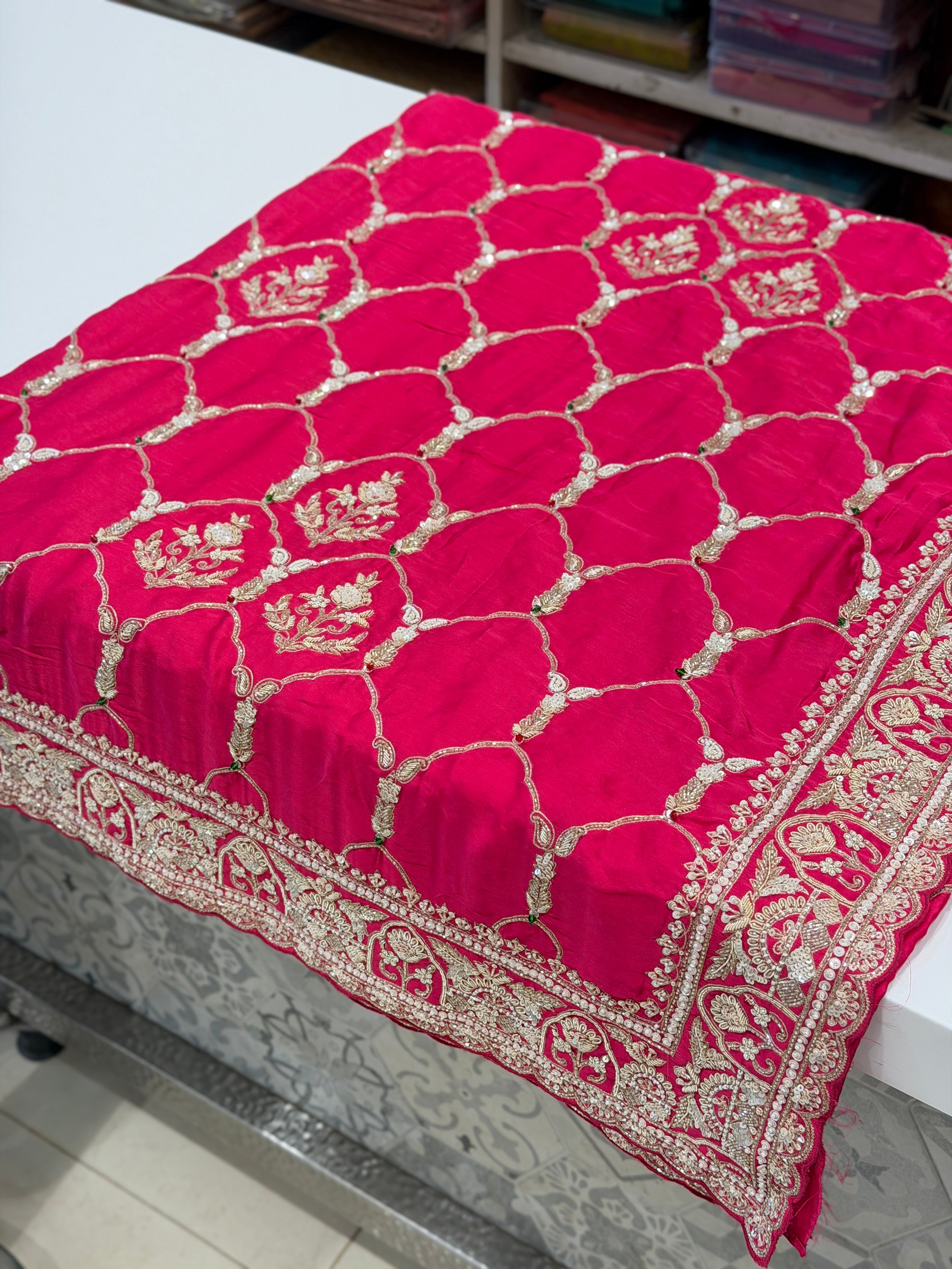 Rani Pink Satin Silk Zardosi Crown Jaal Hand Embroidery Saree