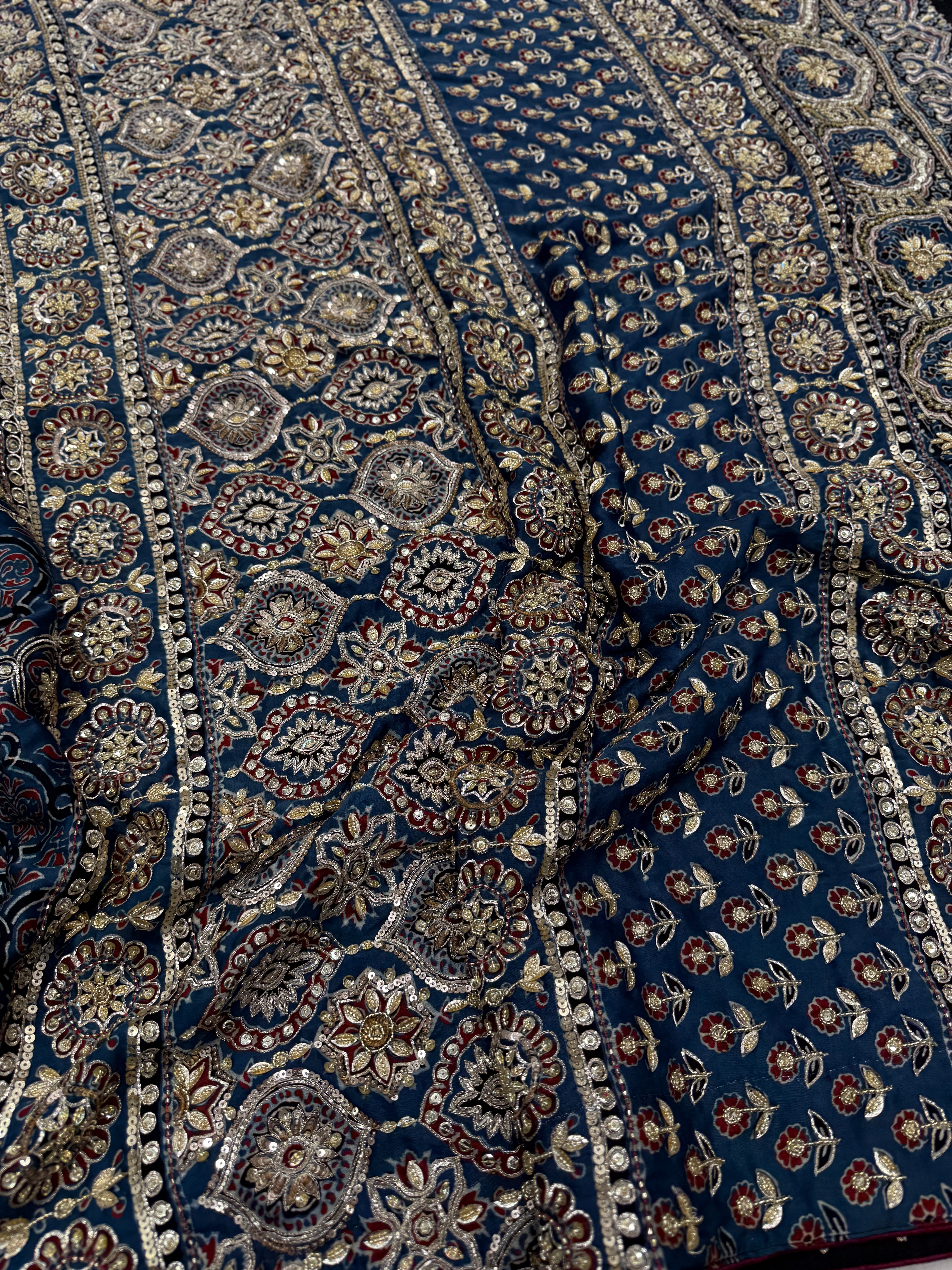 Blue Badam Jaal Pita Zardosi Sequin Ajrakh Hand Embroidery Saree