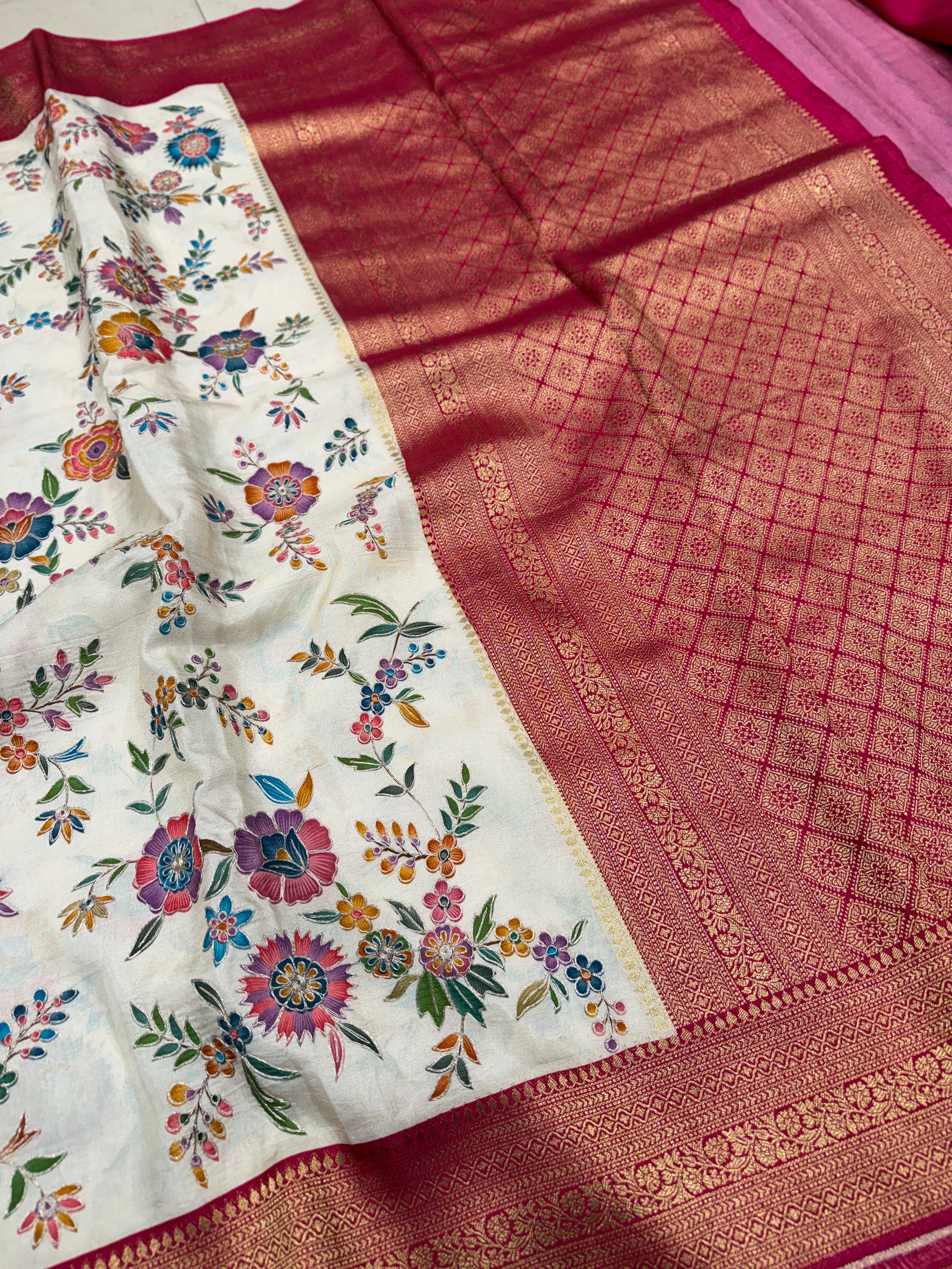 Moti White Banarasi Jaal Munga Silk Saree With Pita Embroidery