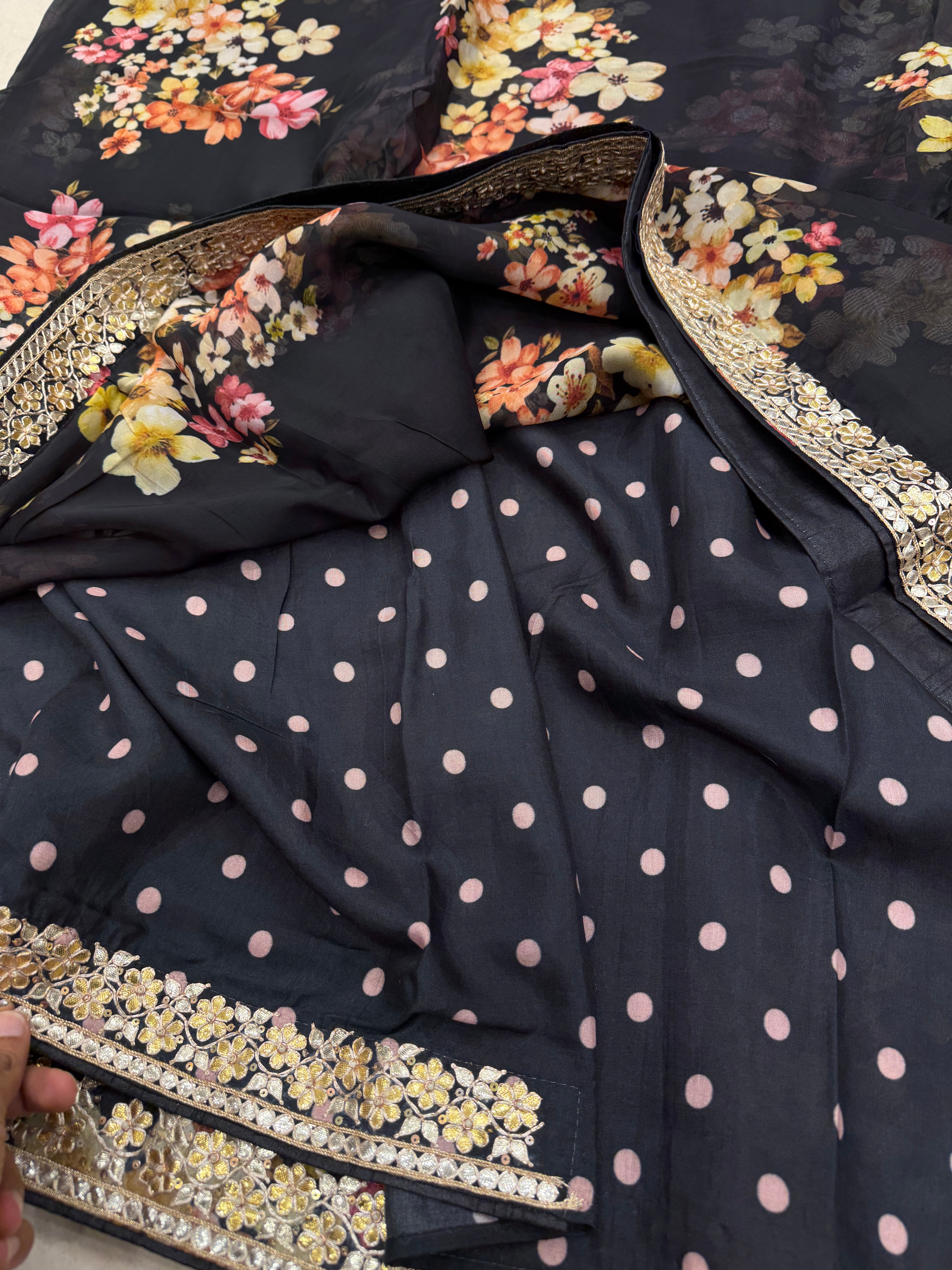 Black Soft Organza Printed Hand Embroidery Gotapatti Pita Embroidery Saree