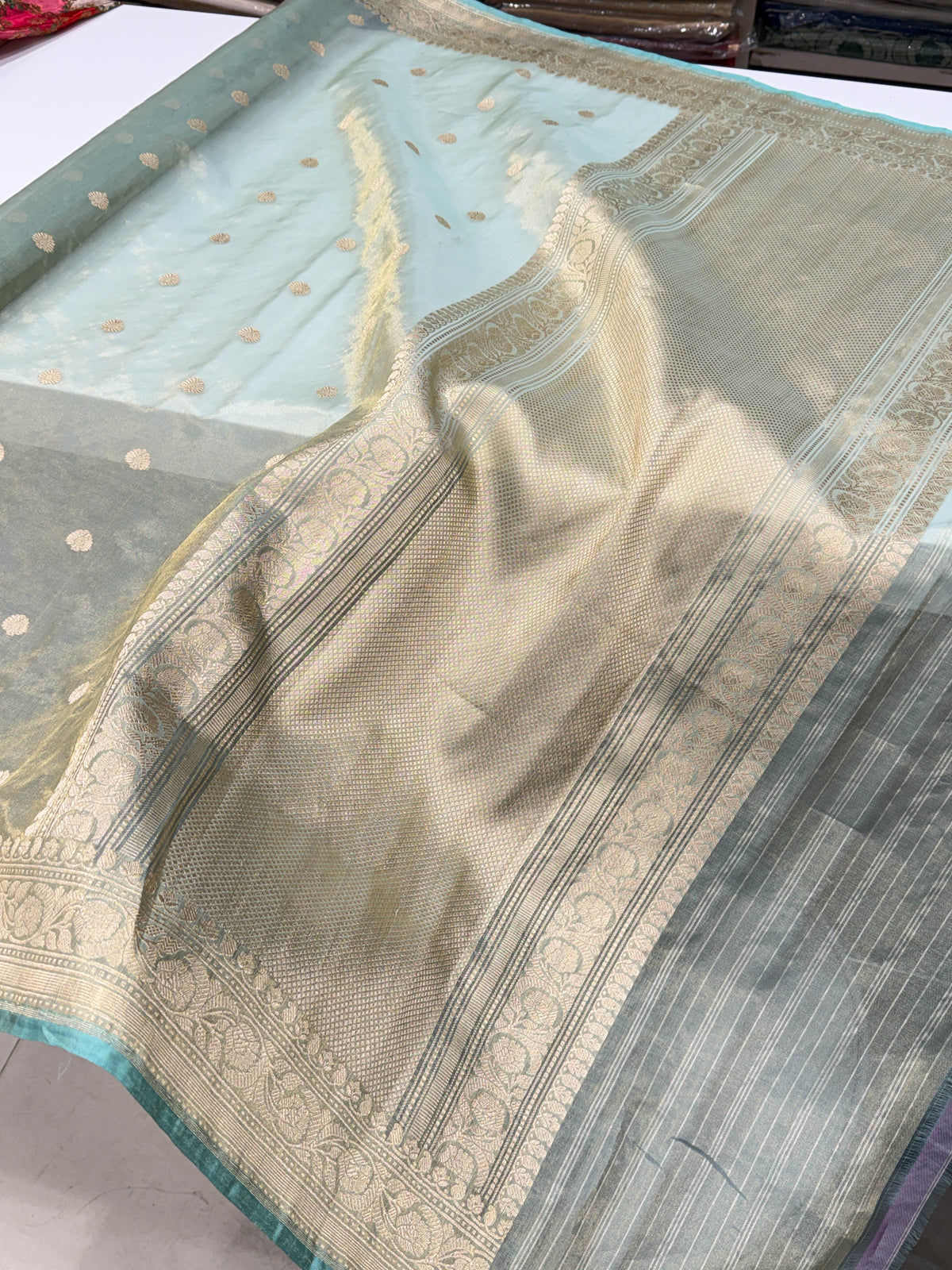 Sea Green Kadwa Weave Handloom Banarasi Tissue Saree