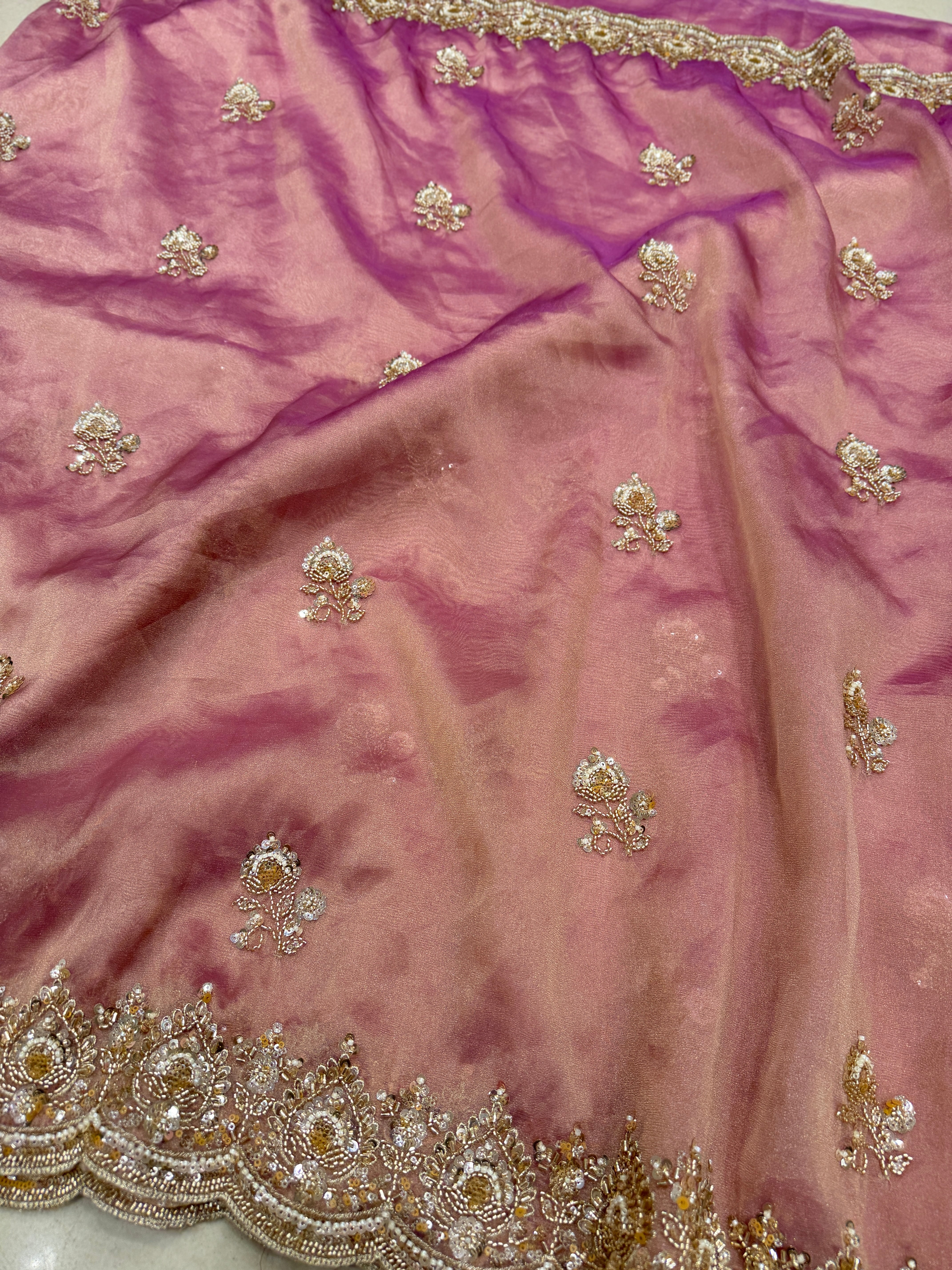 Pink Tissue Organza Moti Sequin Embroidery Heavy Blouse Saree