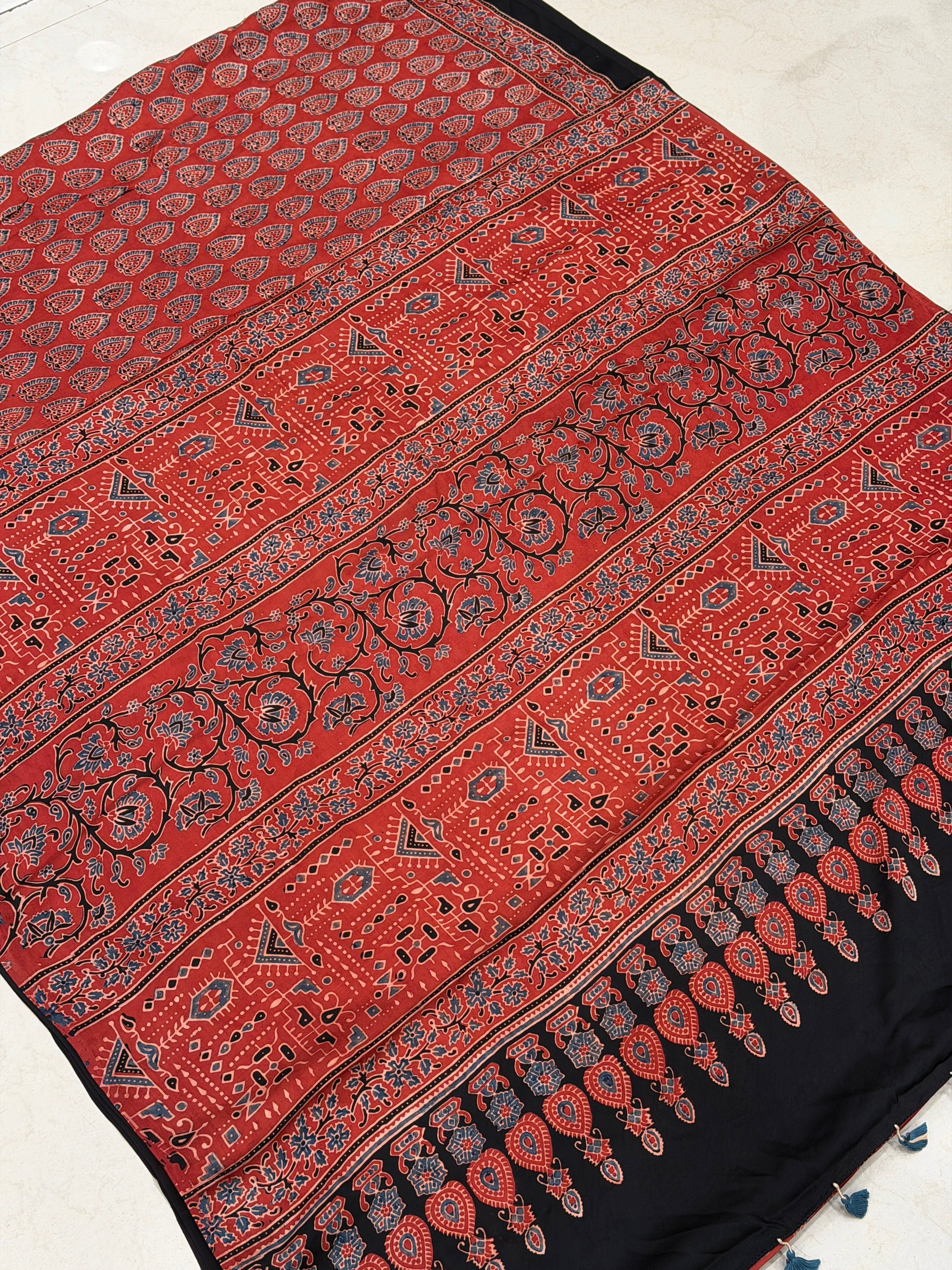 Red Sword Butti Ajrakh Hand Block Print Pure Modal Silk Saree