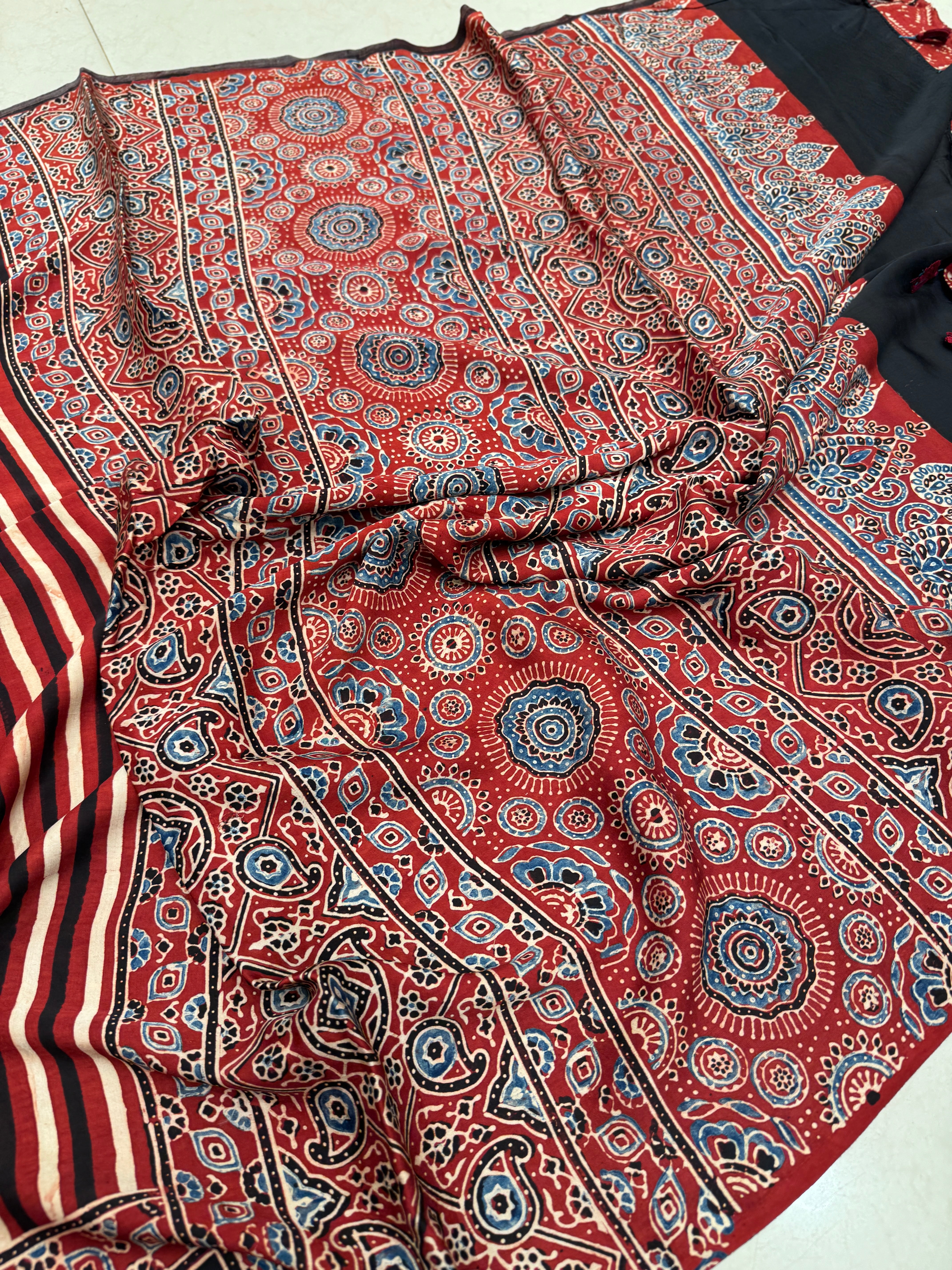 Red White Contemporary Hand Block Print Ajrkah Pure Gajji Silk Saree