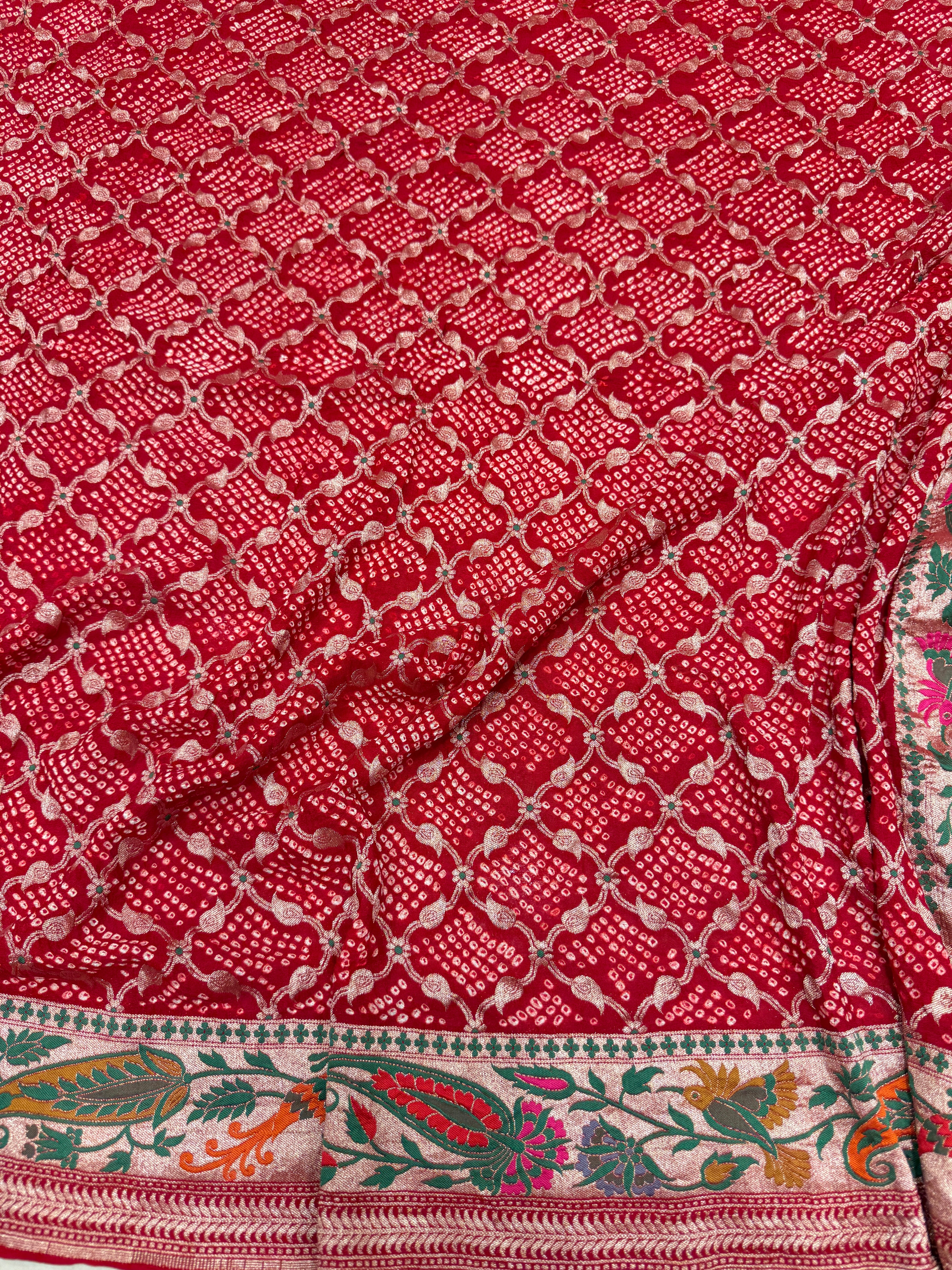 Red Handloom Floral Meenakari Rai Bandhej Pure Zari Dupatta