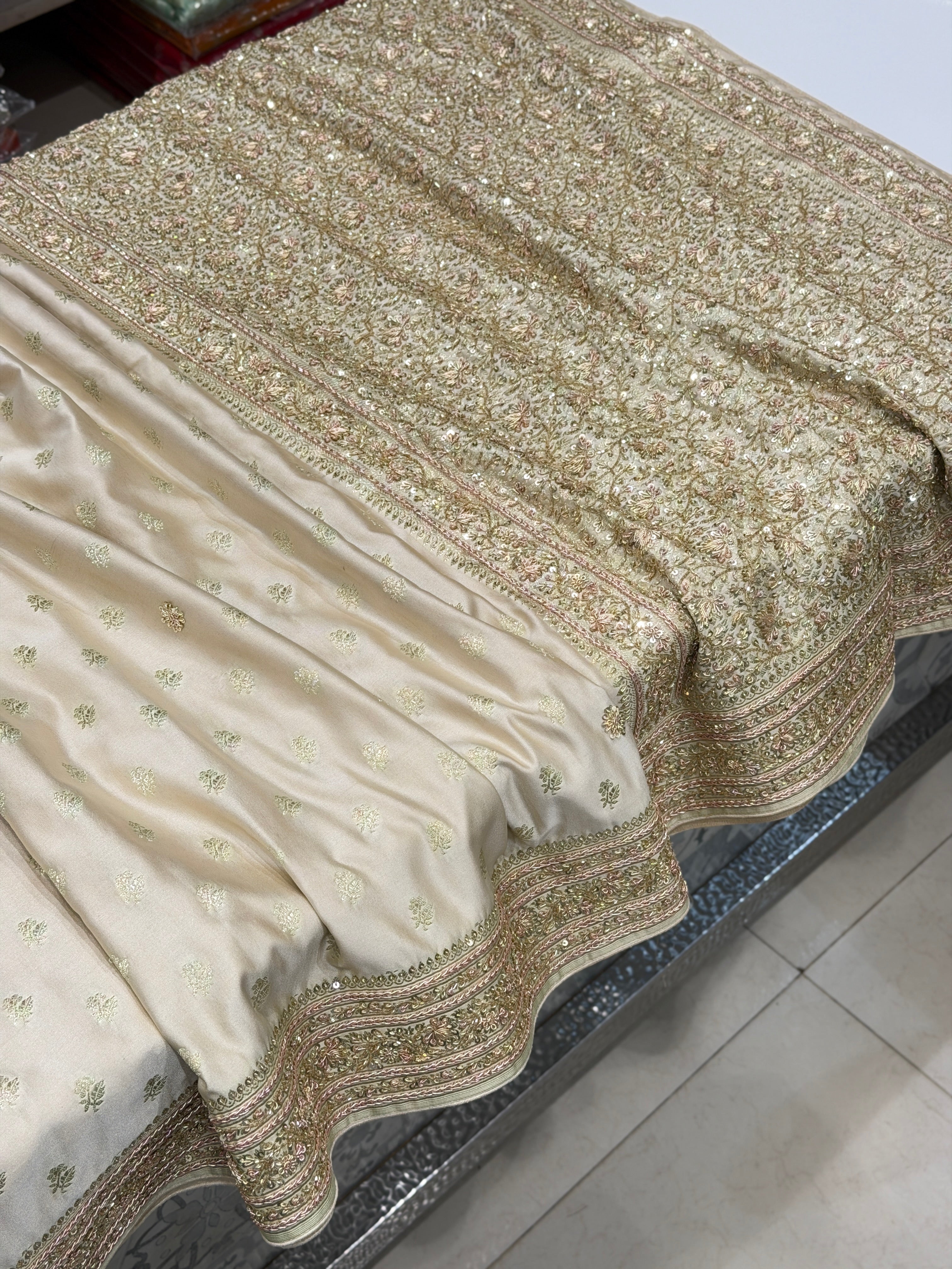 Beige Banarasi Buttis Zardosi Chain Hand Embroidery Saree