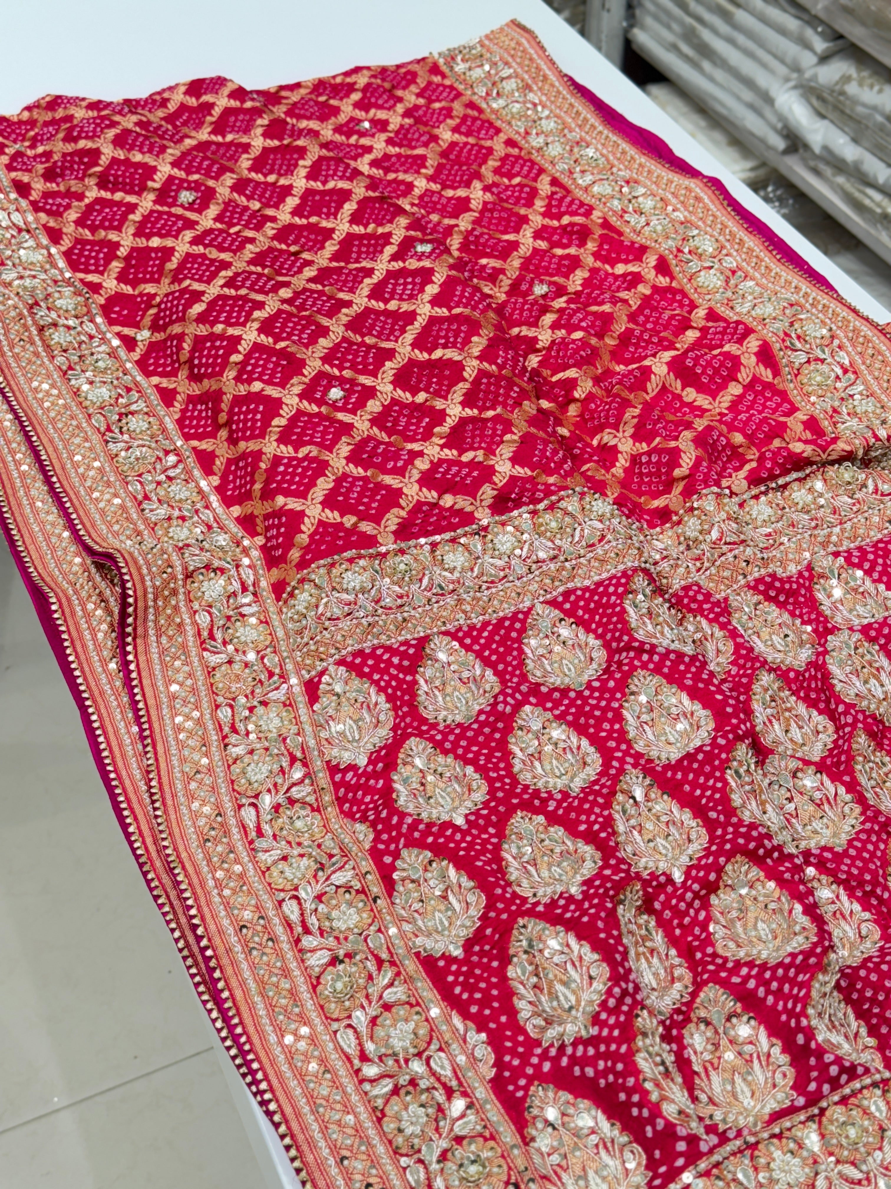 Strawberry Pink Bandhej Embroidery Saree