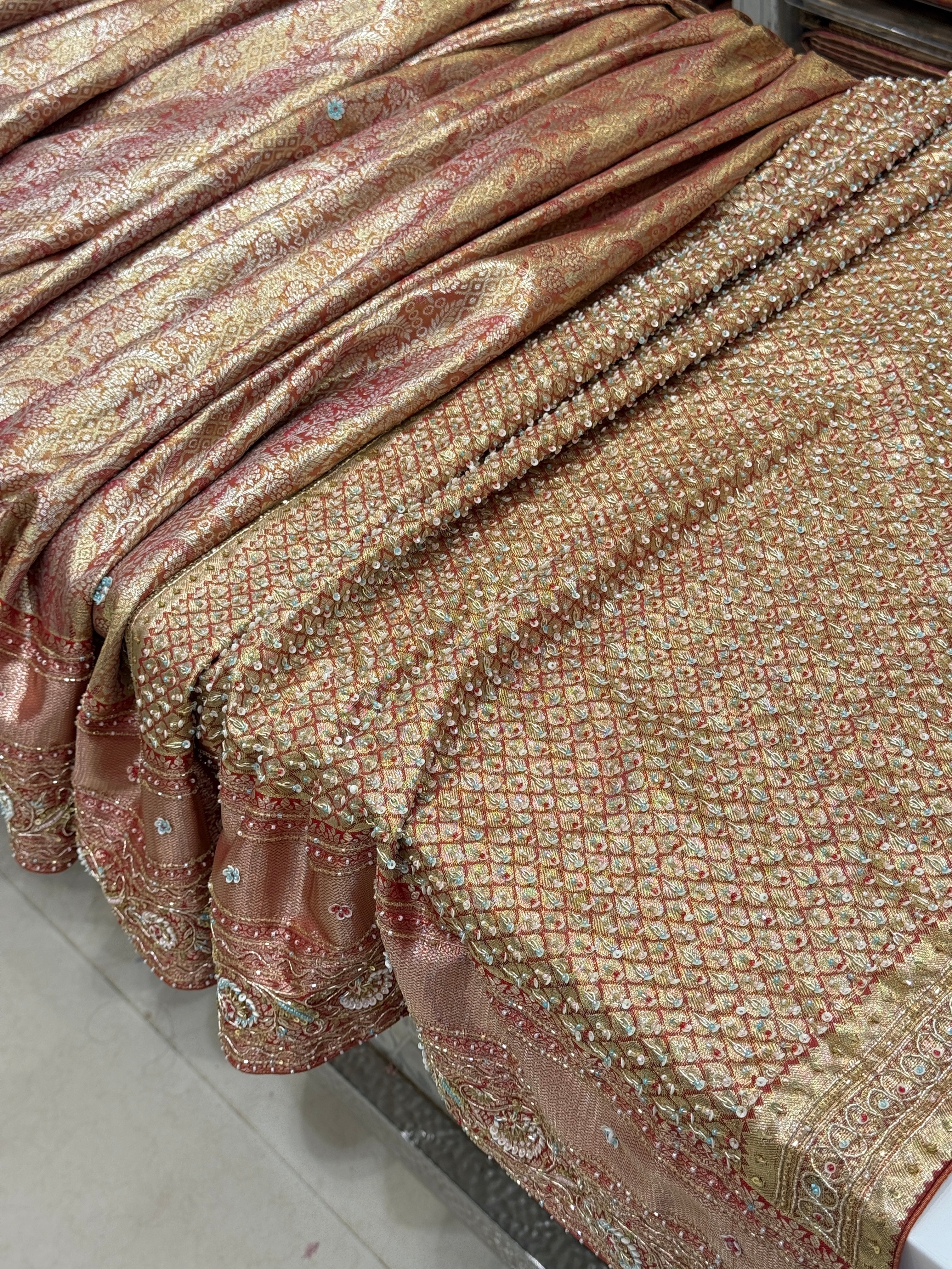 Golden Red Tissue Kanjivaram Hand Embroidery Saree