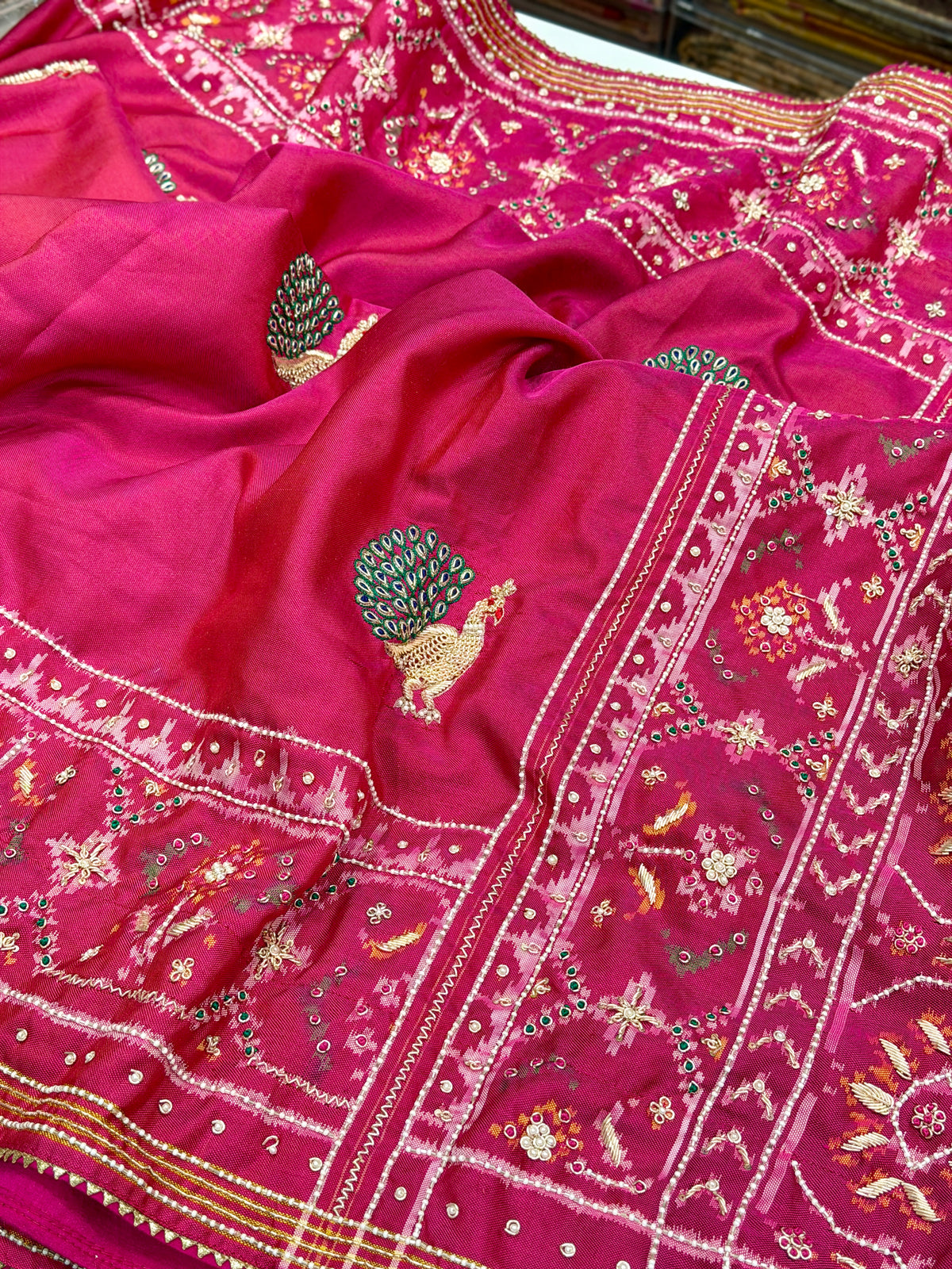 Rani Pink Peacock Motif Patan Patola Hand Embroidery Zardosi Saree