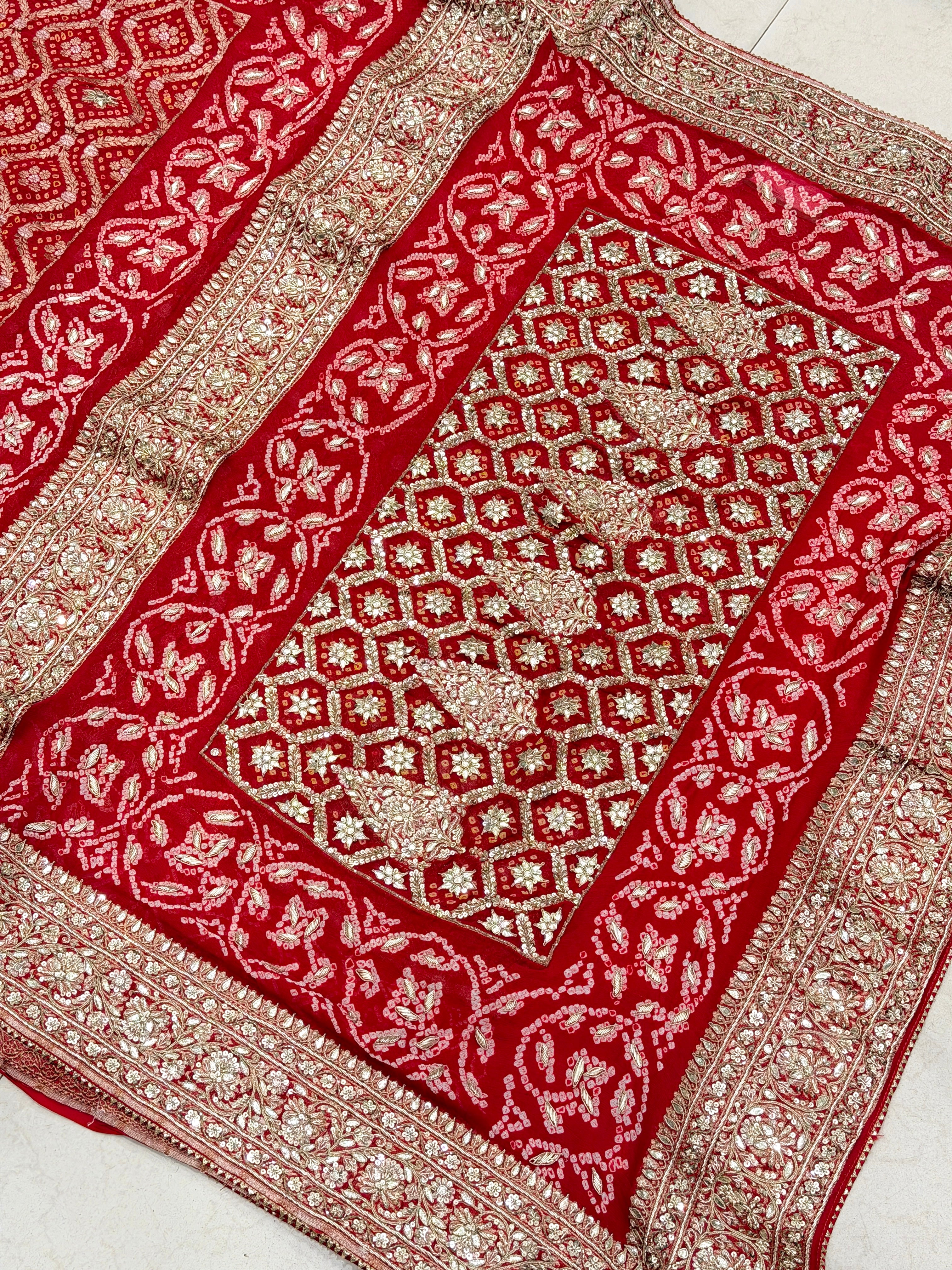 Red Bandhej Georgette Marodi Zardosi Gota Hand Embroidery Saree