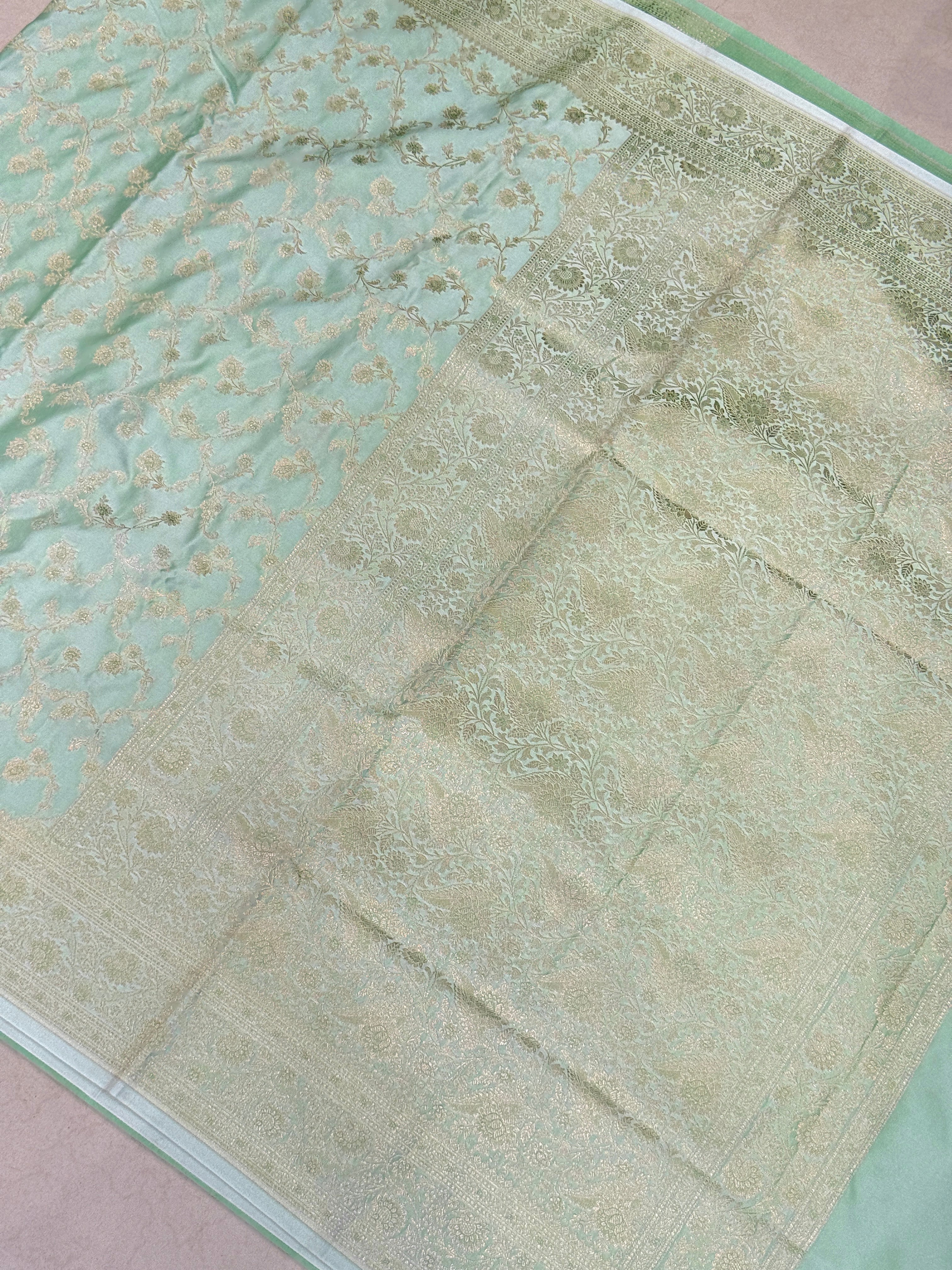 Pista Green Banarasi Silk Upside Down Border Saree