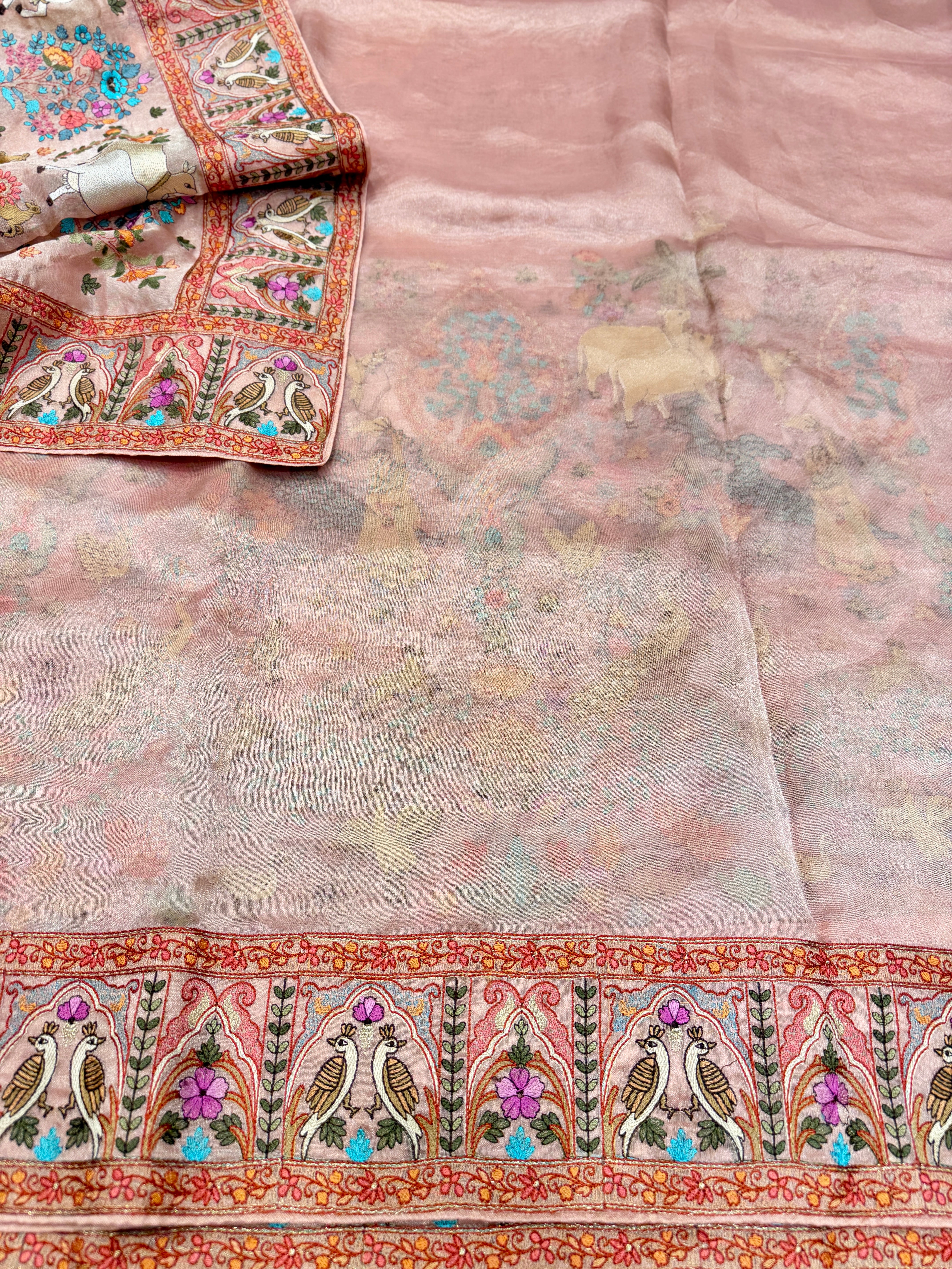 Pink Jamdani Style Embroidery Tissue Silk Saree