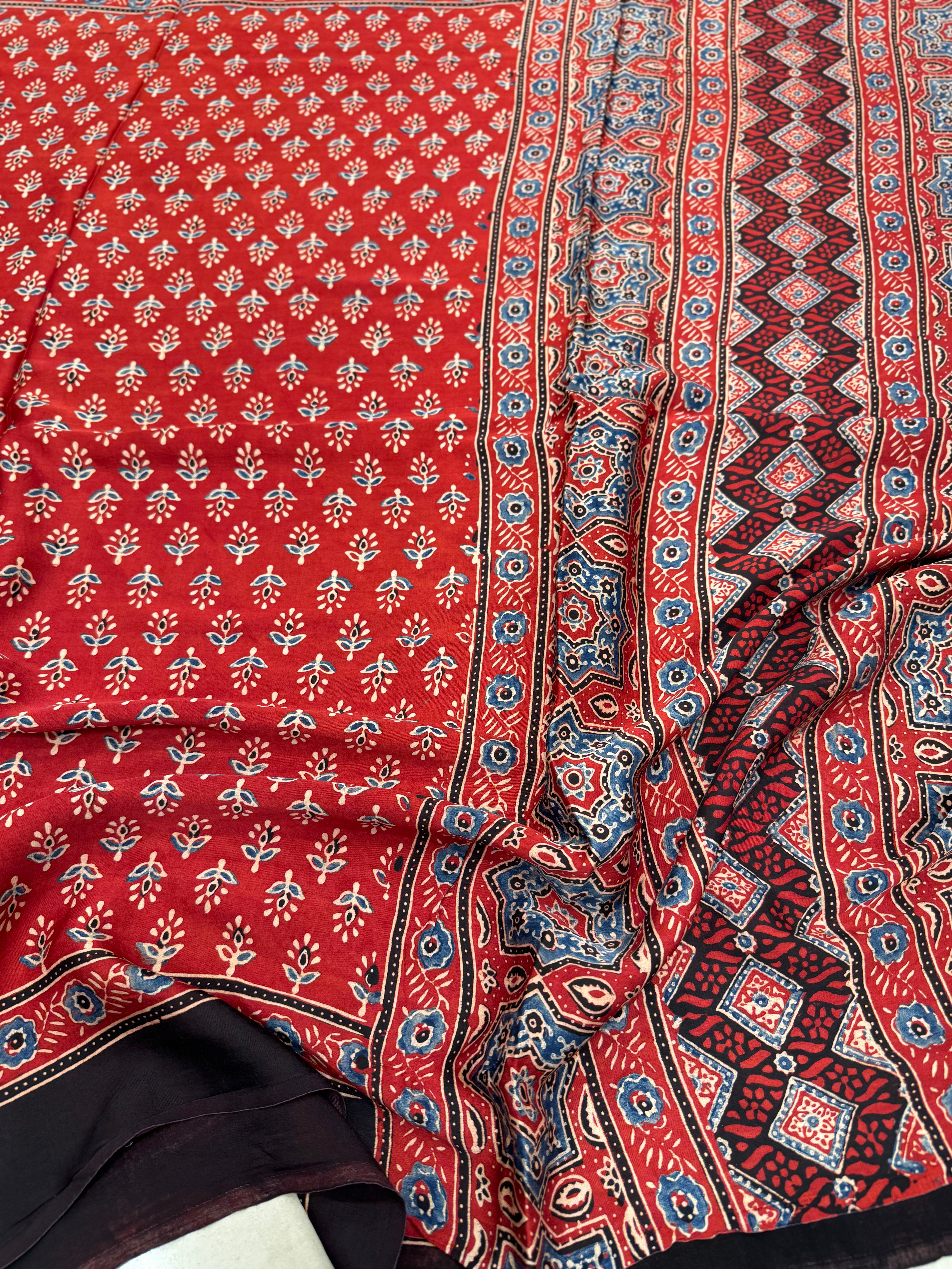 Red Buttis Ajrakh Saree Modal Gajji Silk Hand Block Print