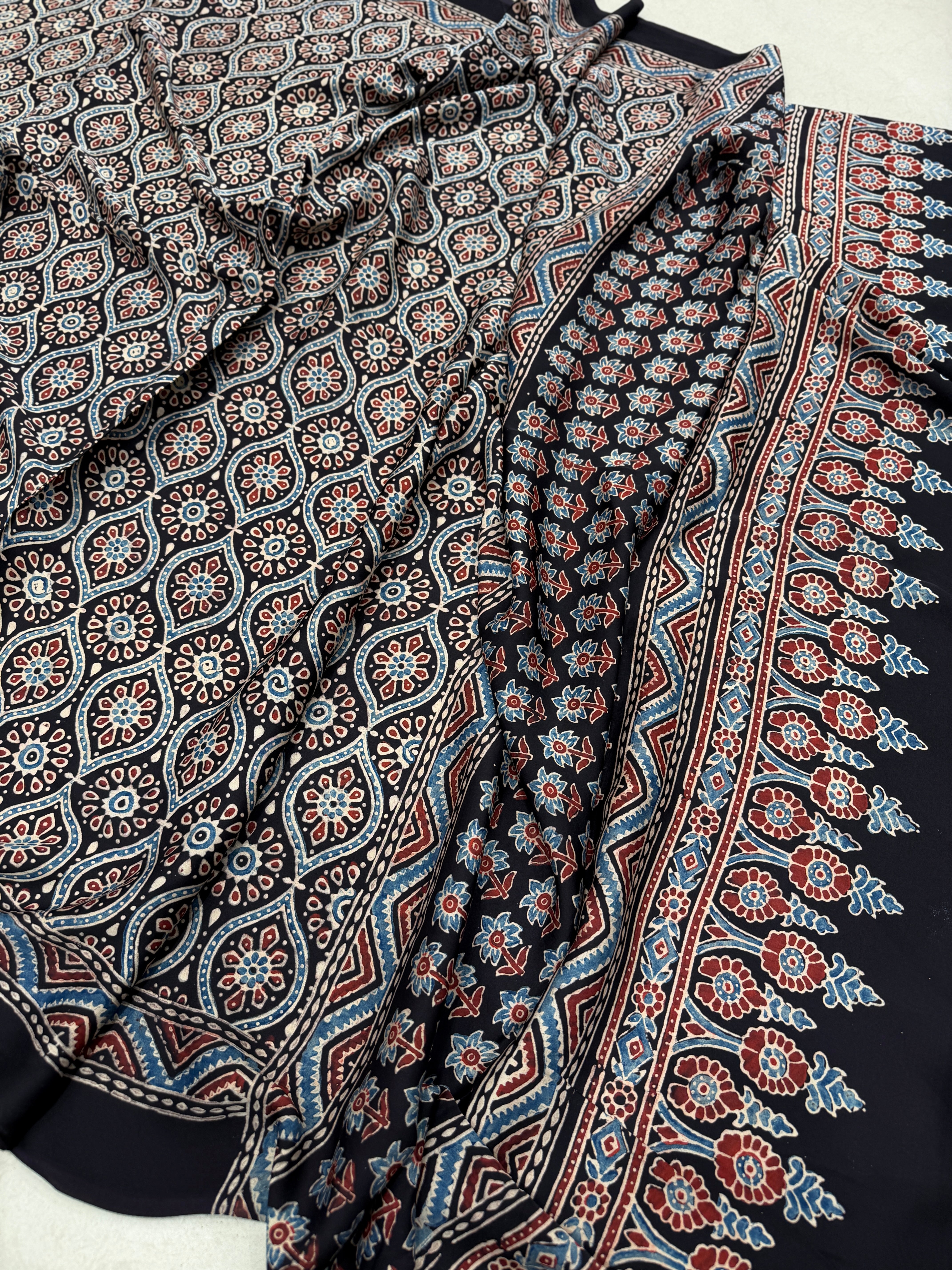 Black Badam Jaal Ajrakh Hand Block Print Pure Gajji Silk Dupatta
