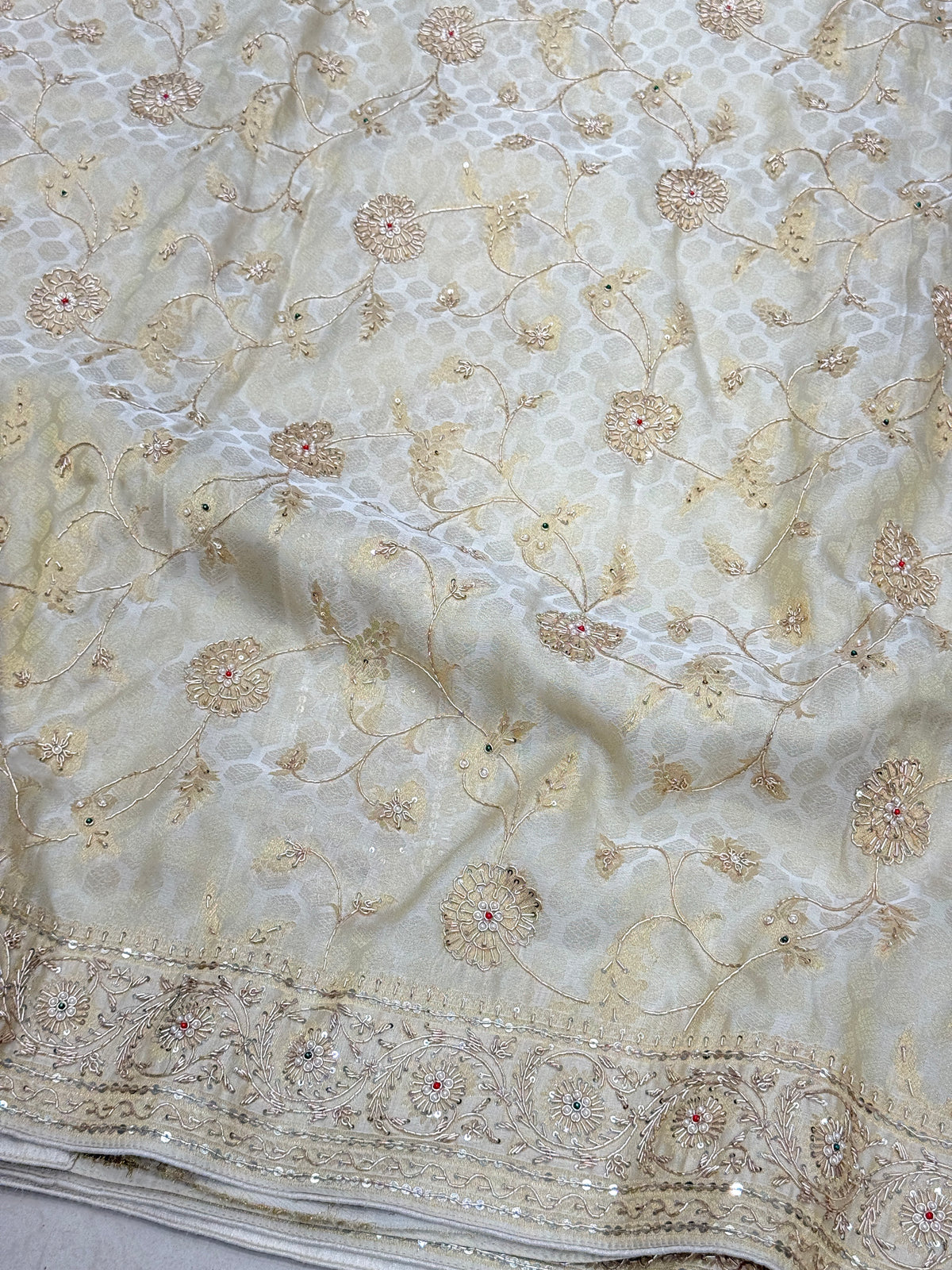 Beige Banarasi Crepe Tissue Zardodi Jaal Hand Embroidery Saree
