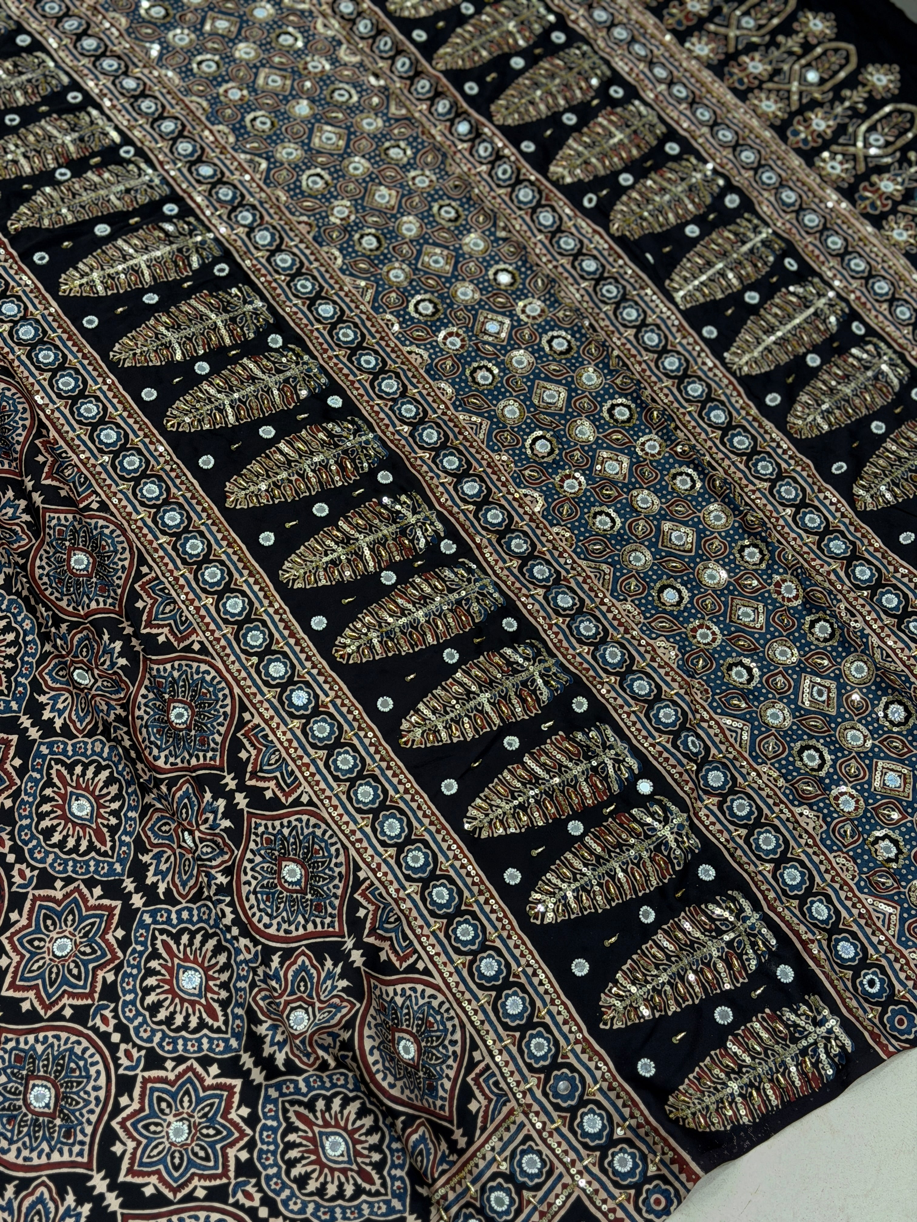 Black Badam Buttas Ajrakh Real Mirror Moti Sequin Hand Embroidery Saree