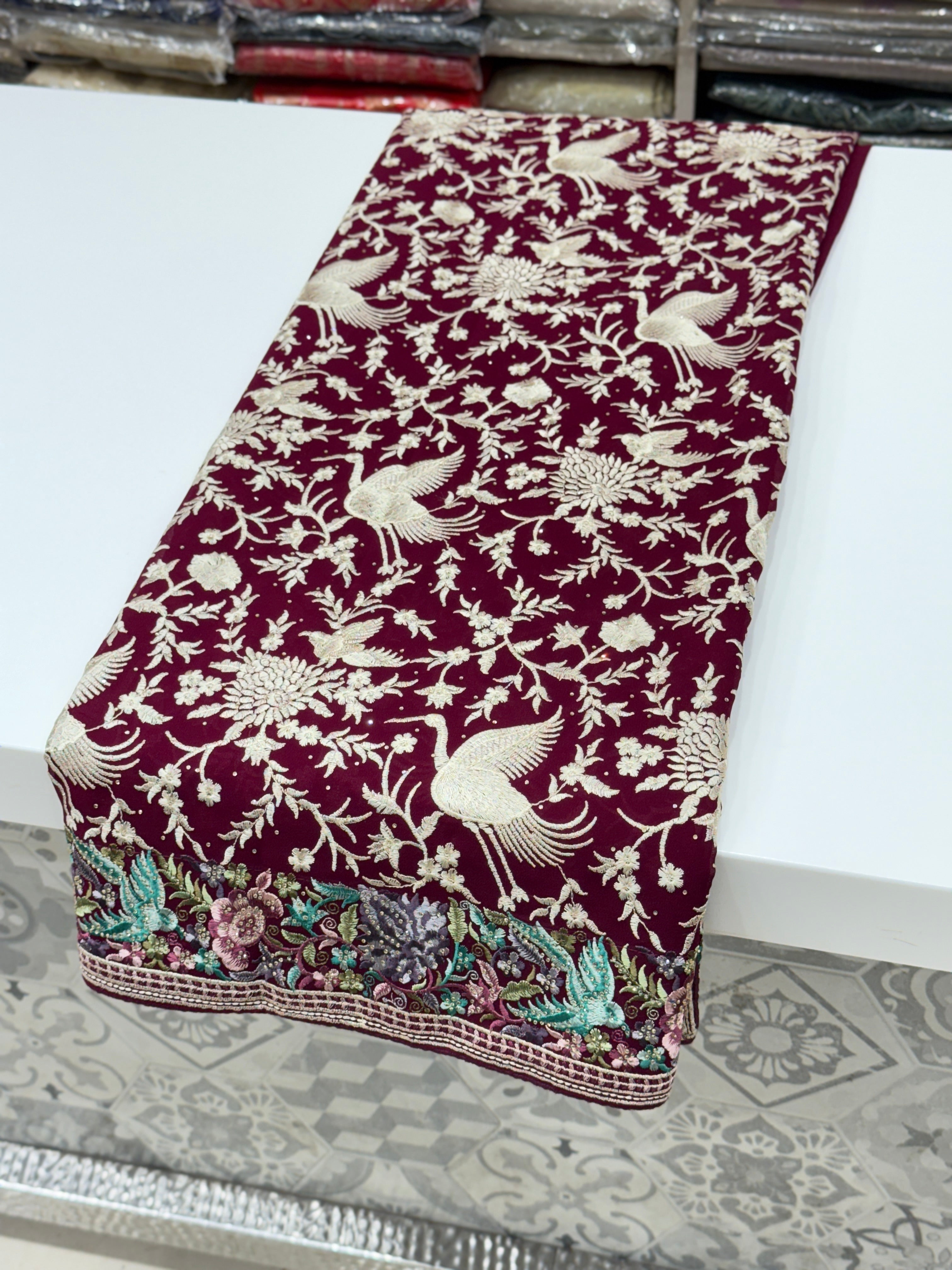 Wine Parsi Gara Saree with Stone Work Resham Embroidery